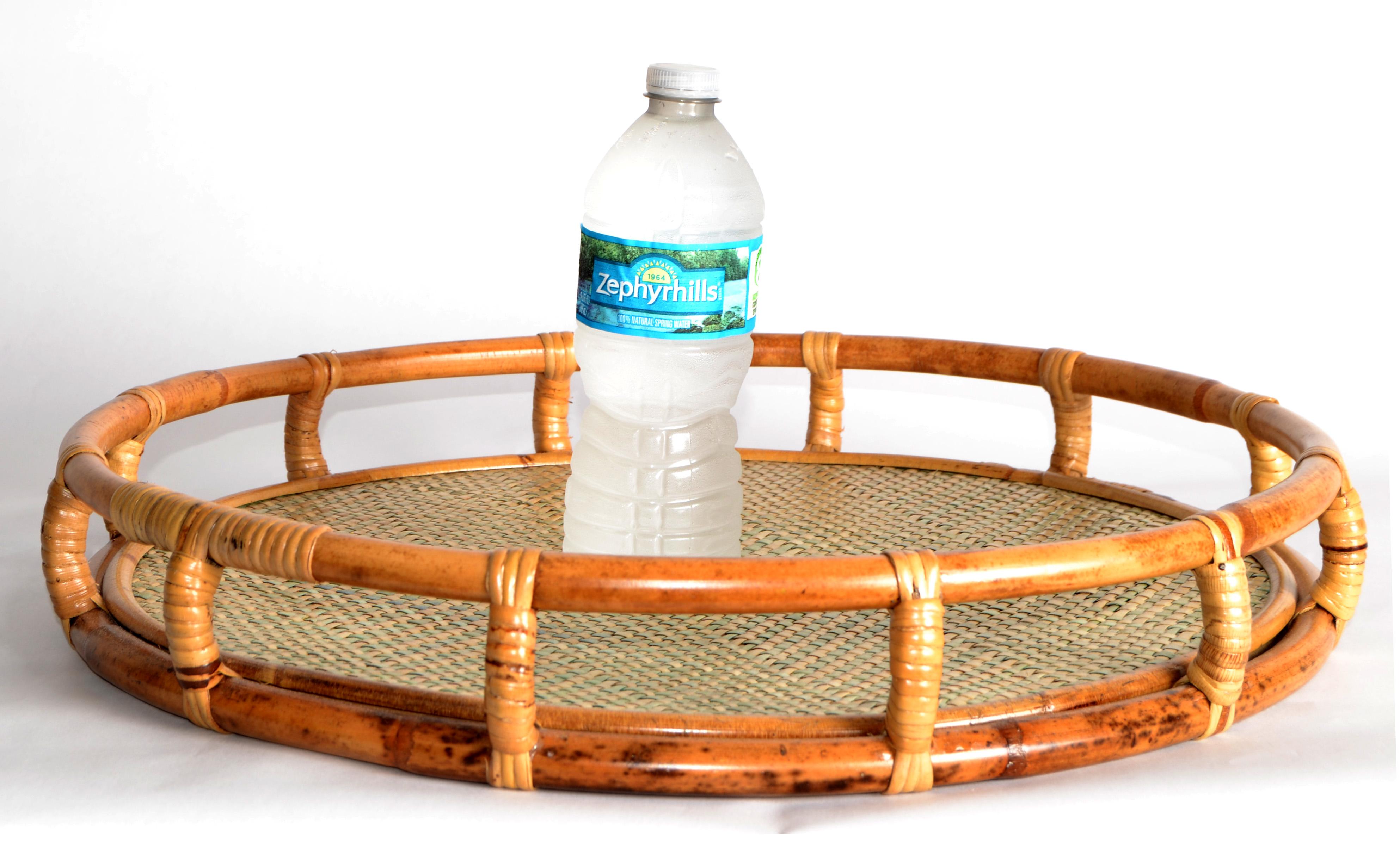 1970s Bohemian Handmade Round Bamboo Caning Serving Tray Mid-Century Modern For Sale 1