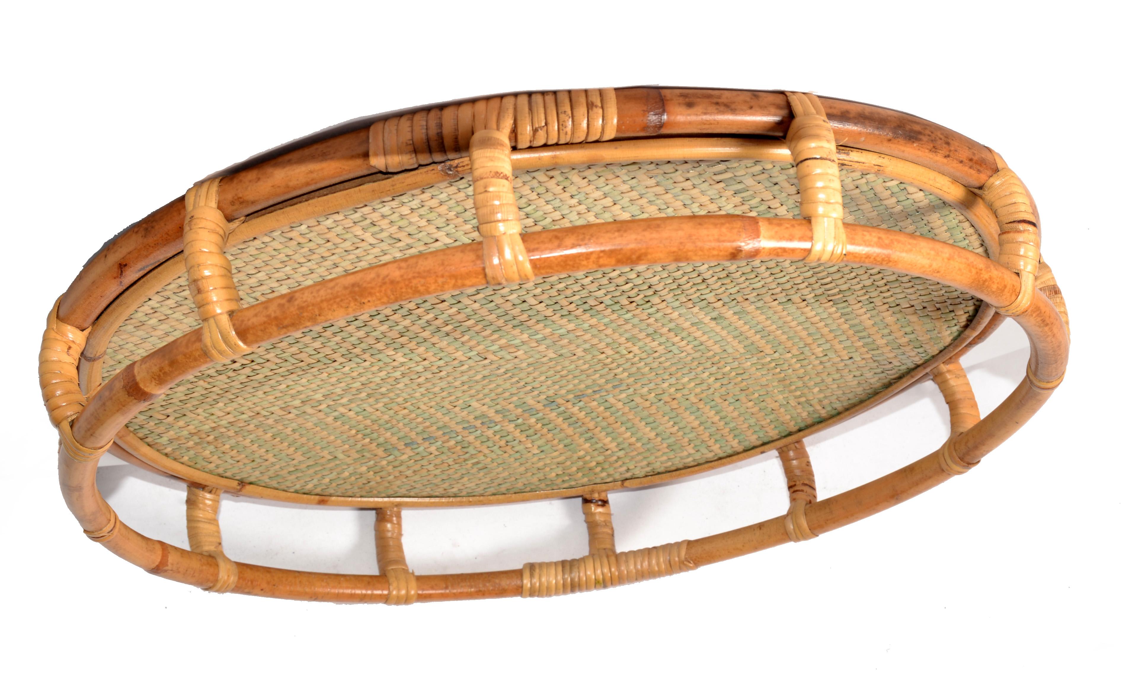 1970s Bohemian Handmade Round Bamboo Caning Serving Tray Mid-Century Modern For Sale 3
