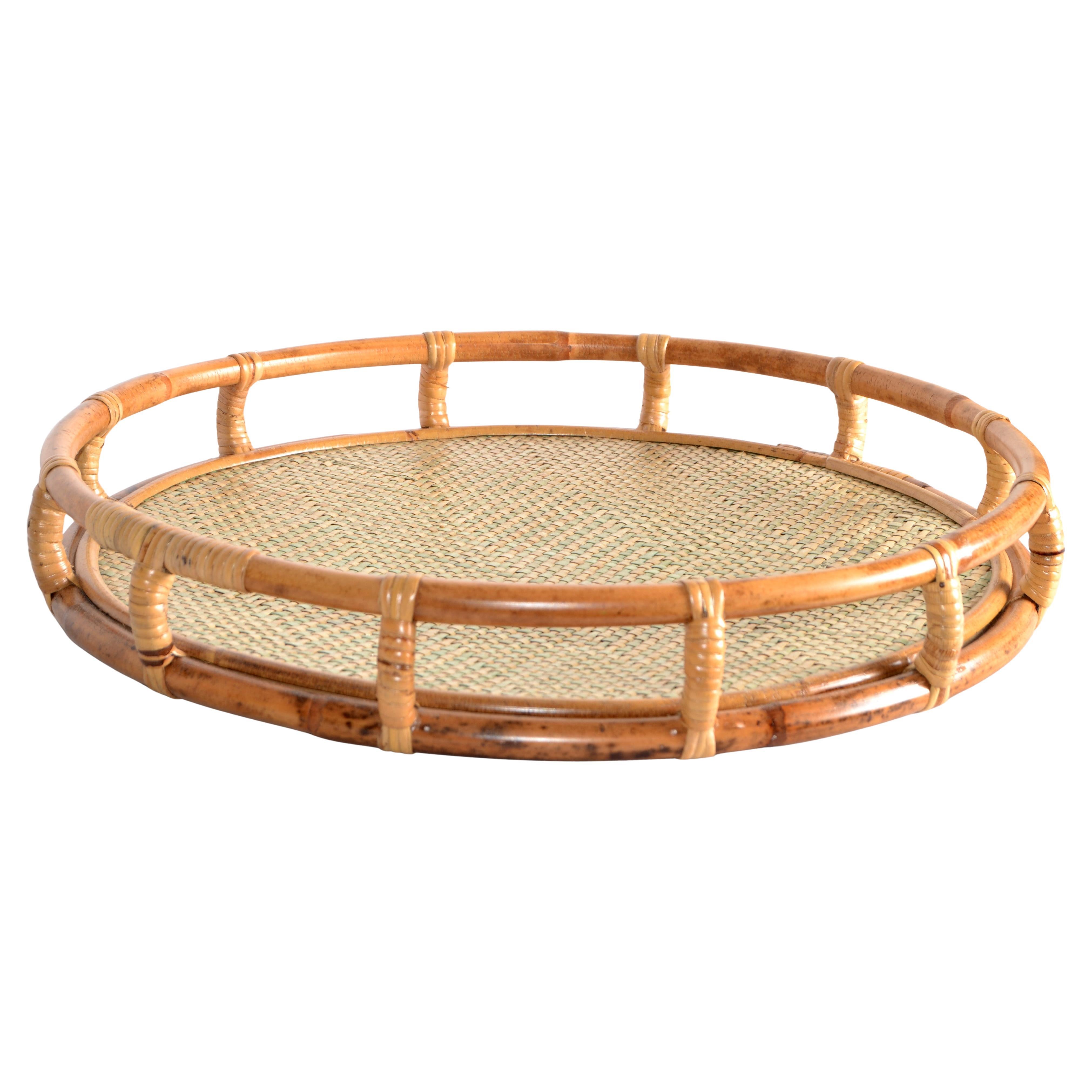 1970s Bohemian Handmade Round Bamboo Caning Serving Tray Mid-Century Modern For Sale