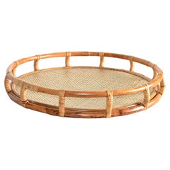1970s Bohemian Handmade Round Bamboo Caning Serving Tray Mid-Century Modern