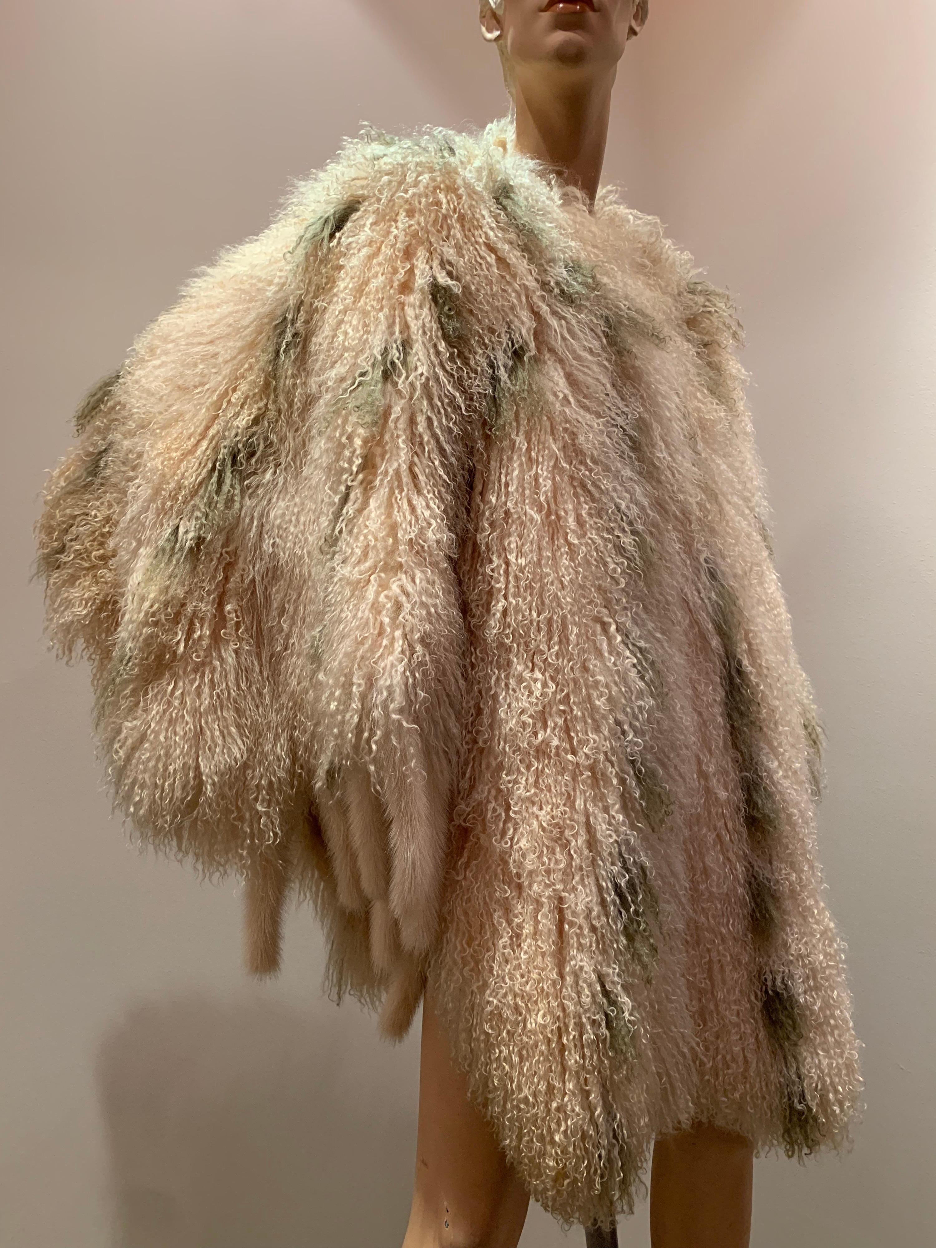 1970s Bohemian Mongolian Lamb Coat Converts To Poncho W/ Mink Tail Fringe 9