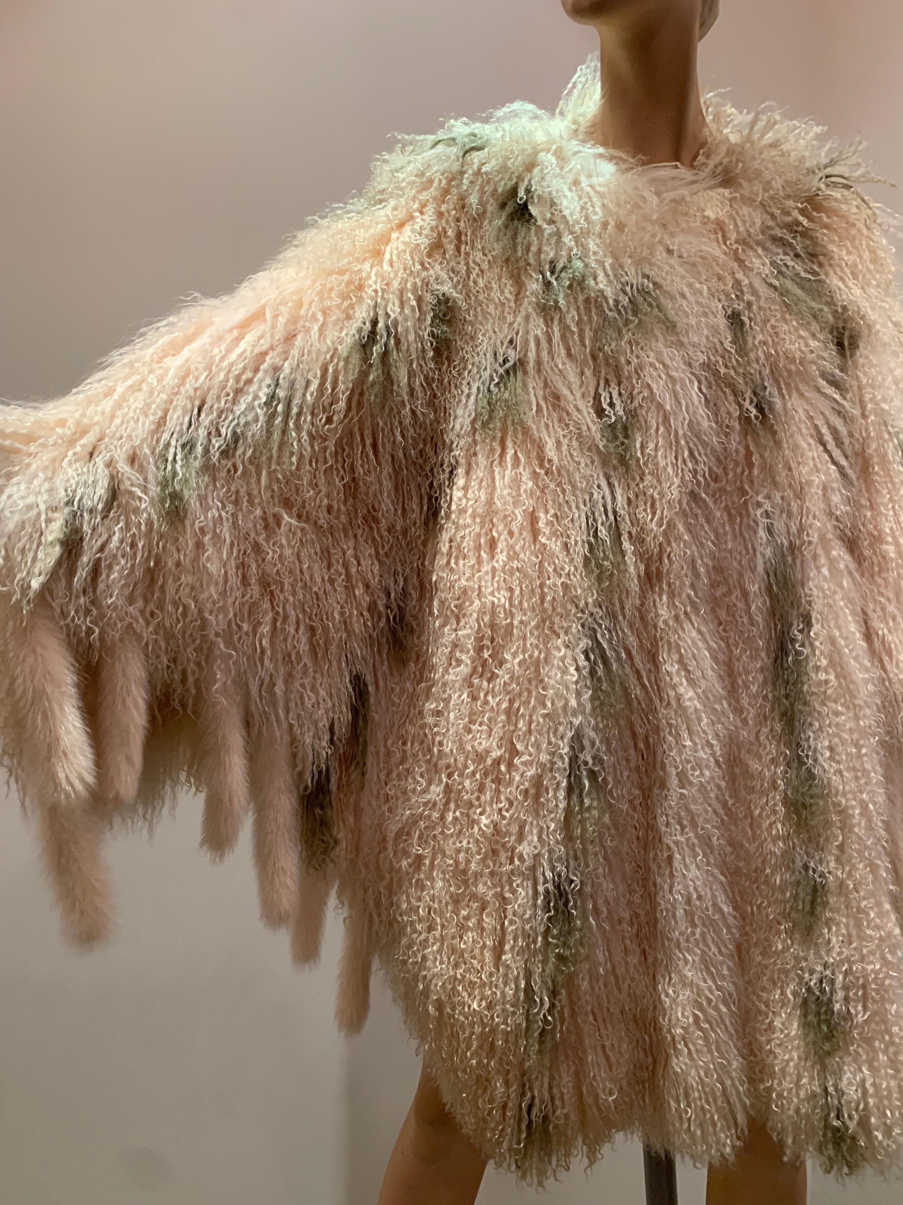 1970s Bohemian Mongolian Lamb Coat Converts To Poncho W/ Mink Tail Fringe 10