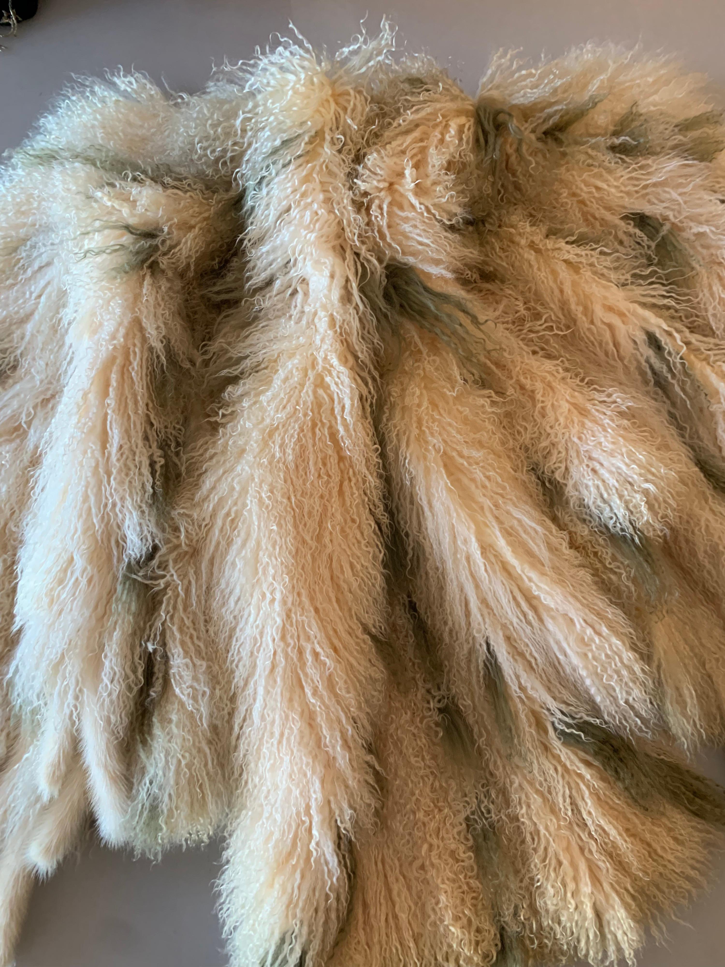 1970s Bohemian Mongolian Lamb Coat Converts To Poncho W/ Mink Tail Fringe 13