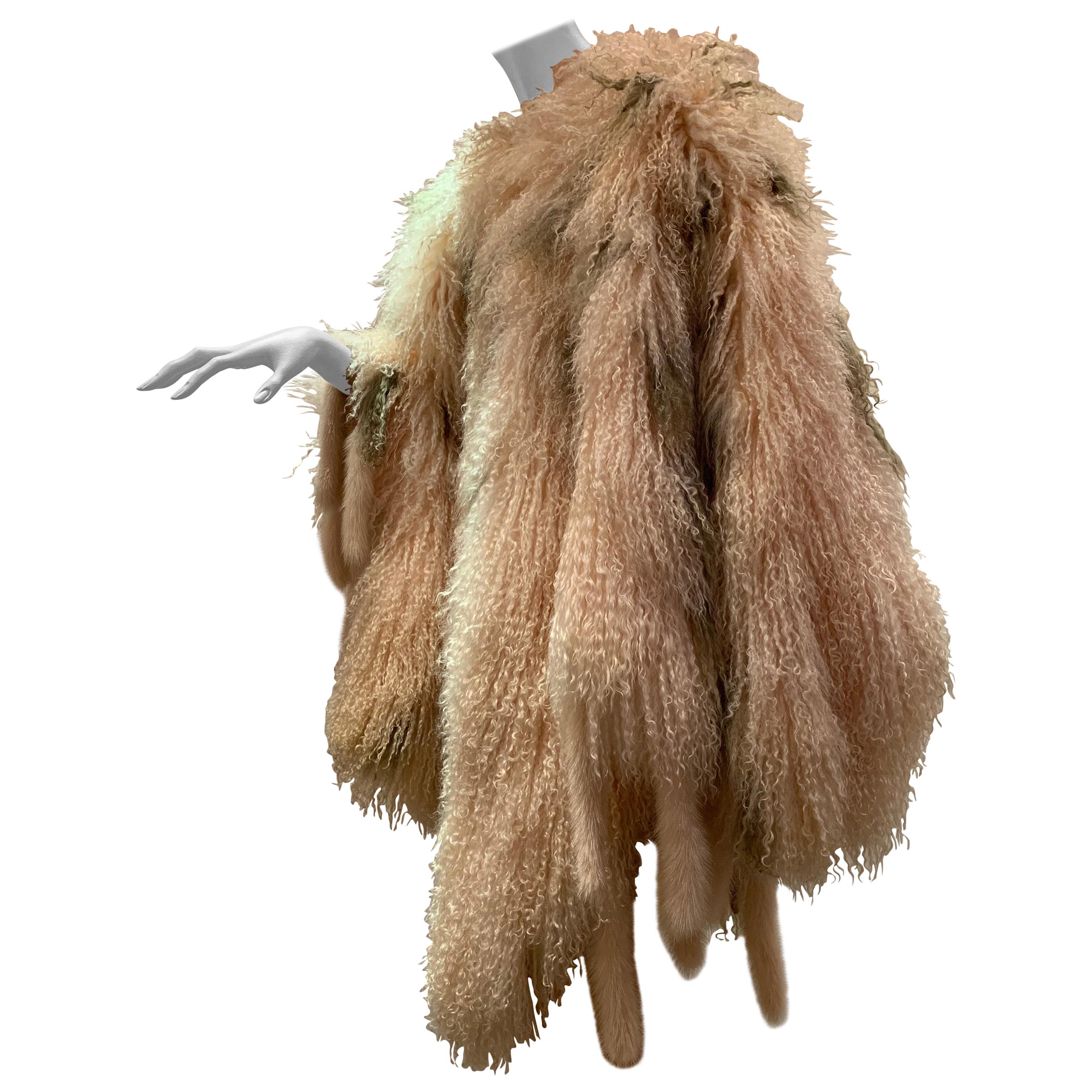 1970s Bohemian Mongolian Lamb Coat Converts To Poncho W/ Mink Tail Fringe