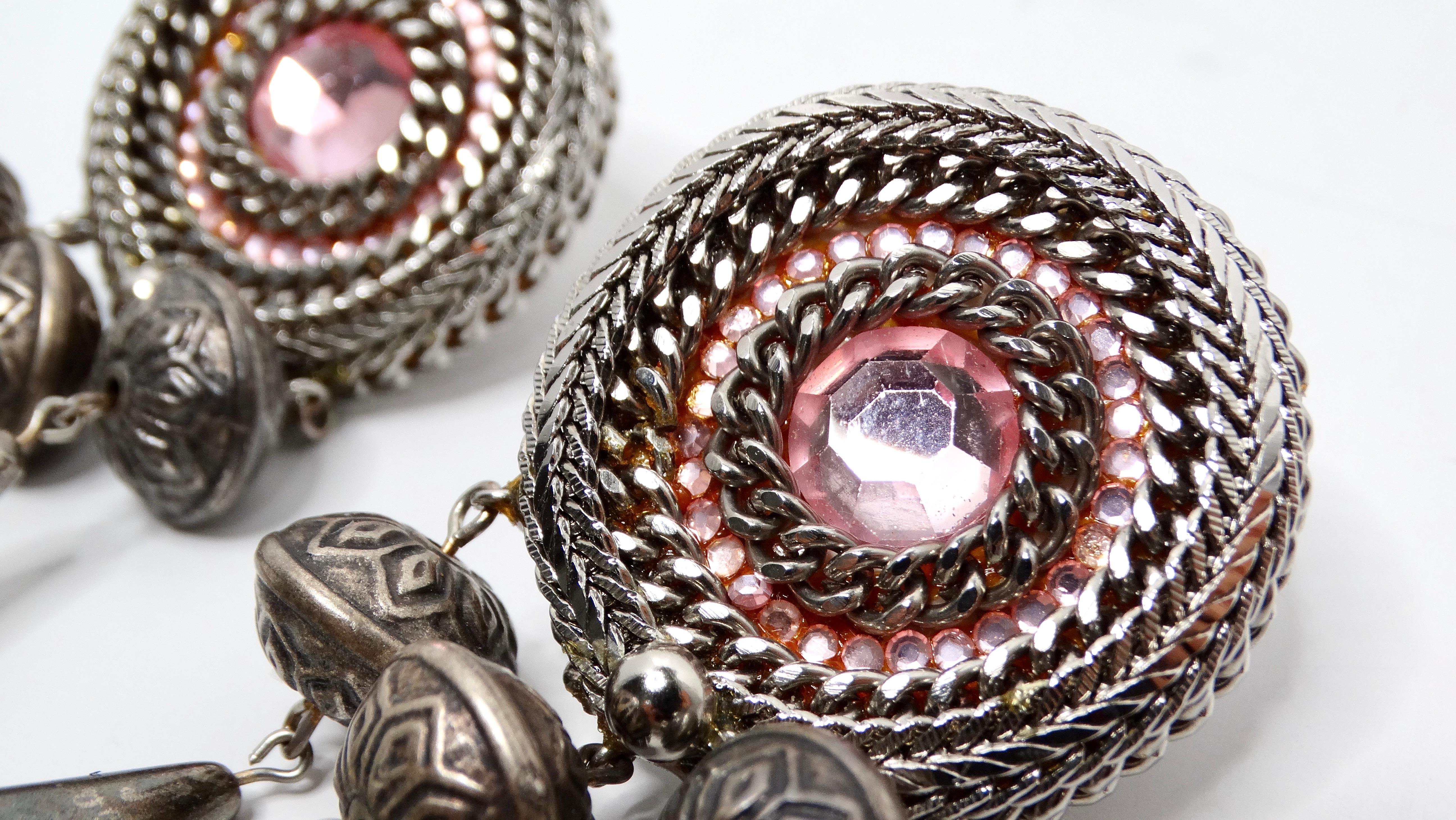 1970s Bohemian Tassel Pink Sterling Silver Plated Dangle Earrings In Good Condition For Sale In Scottsdale, AZ