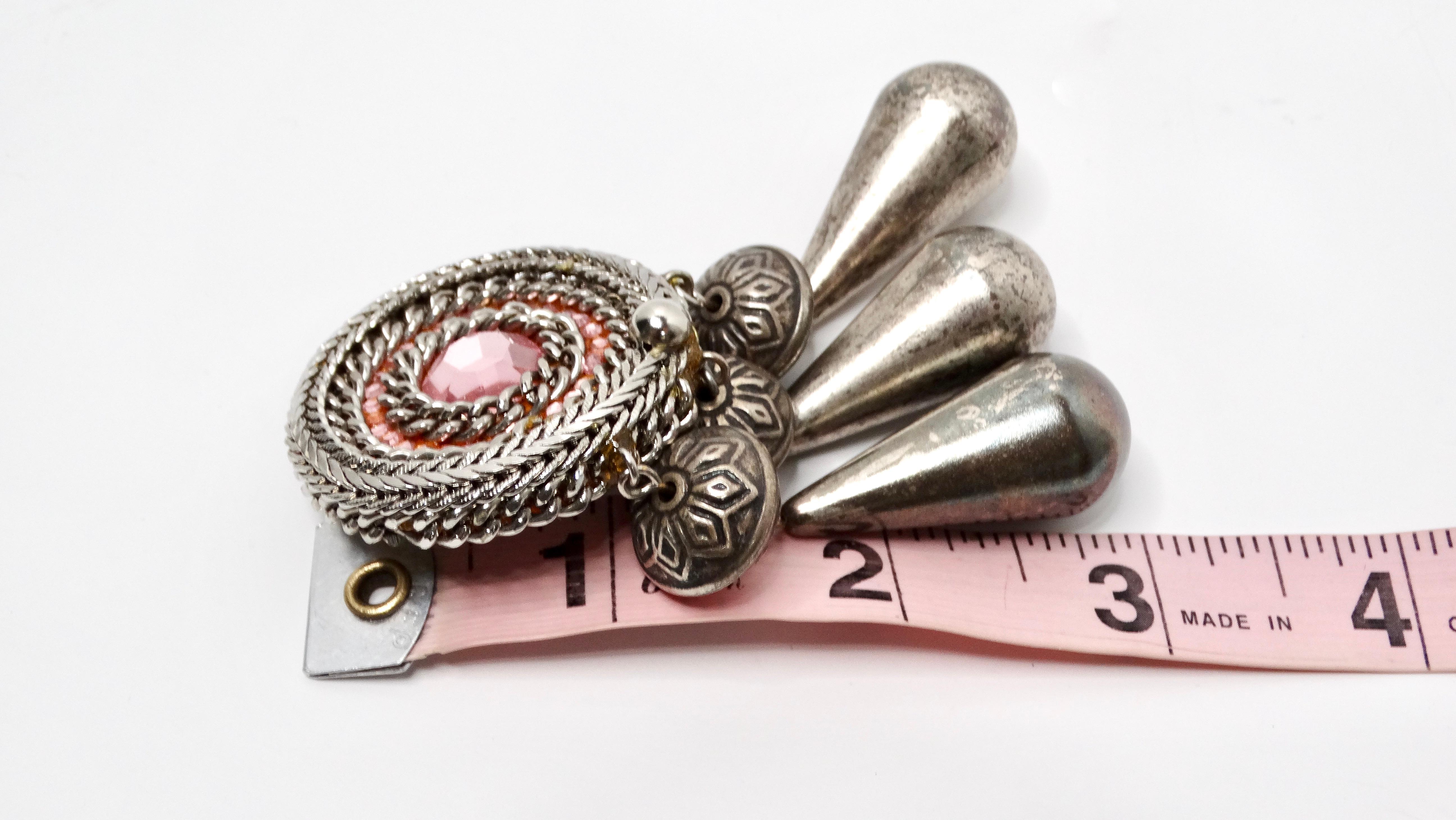 1970s Bohemian Tassel Pink Sterling Silver Plated Dangle Earrings For Sale 2