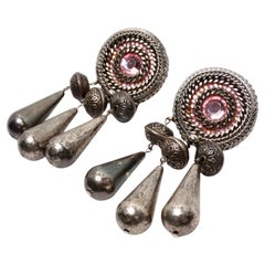 Vintage 1970s Bohemian Tassel Pink Sterling Silver Plated Dangle Earrings