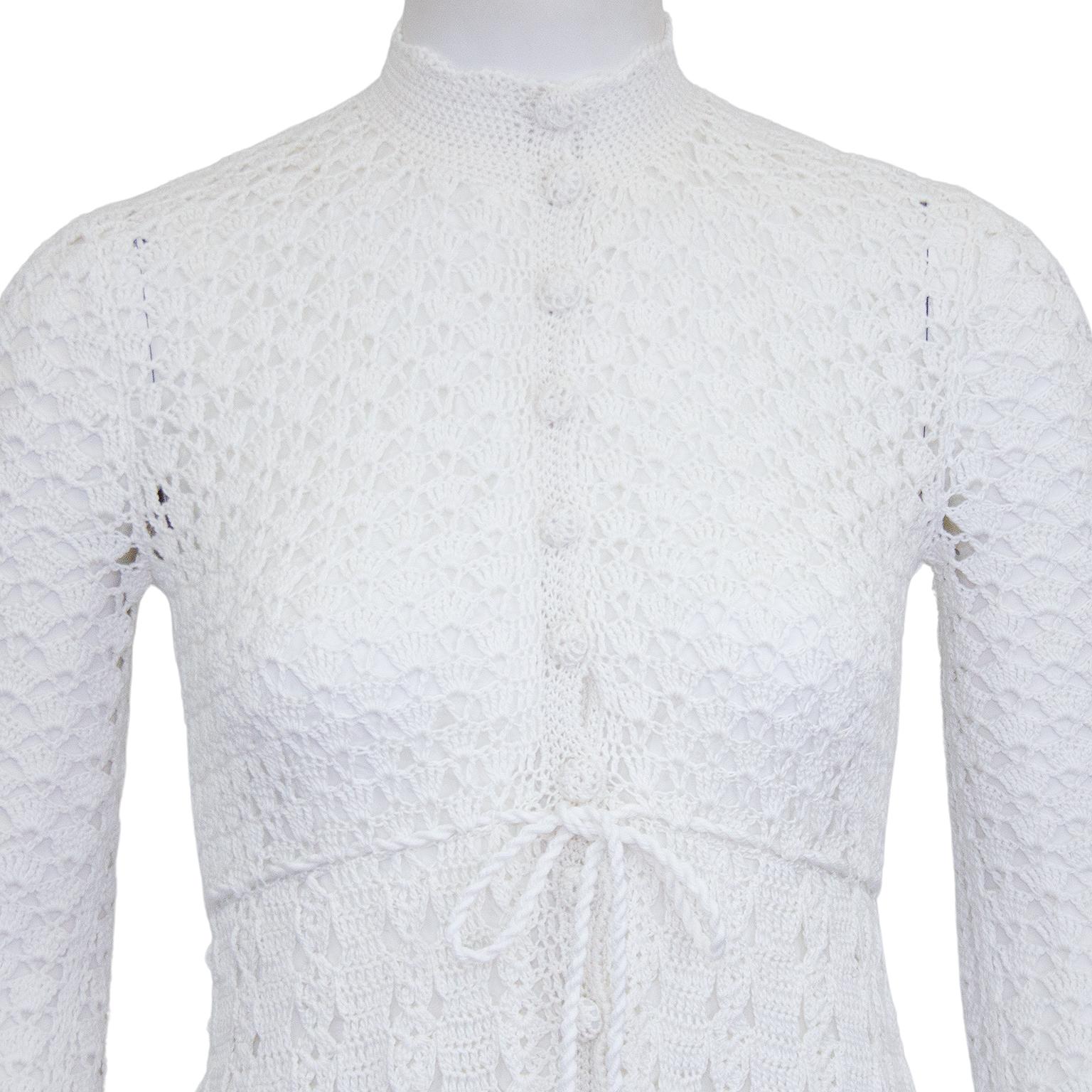 Gray 1970s Bohemian White Cotton Crochet Dress 