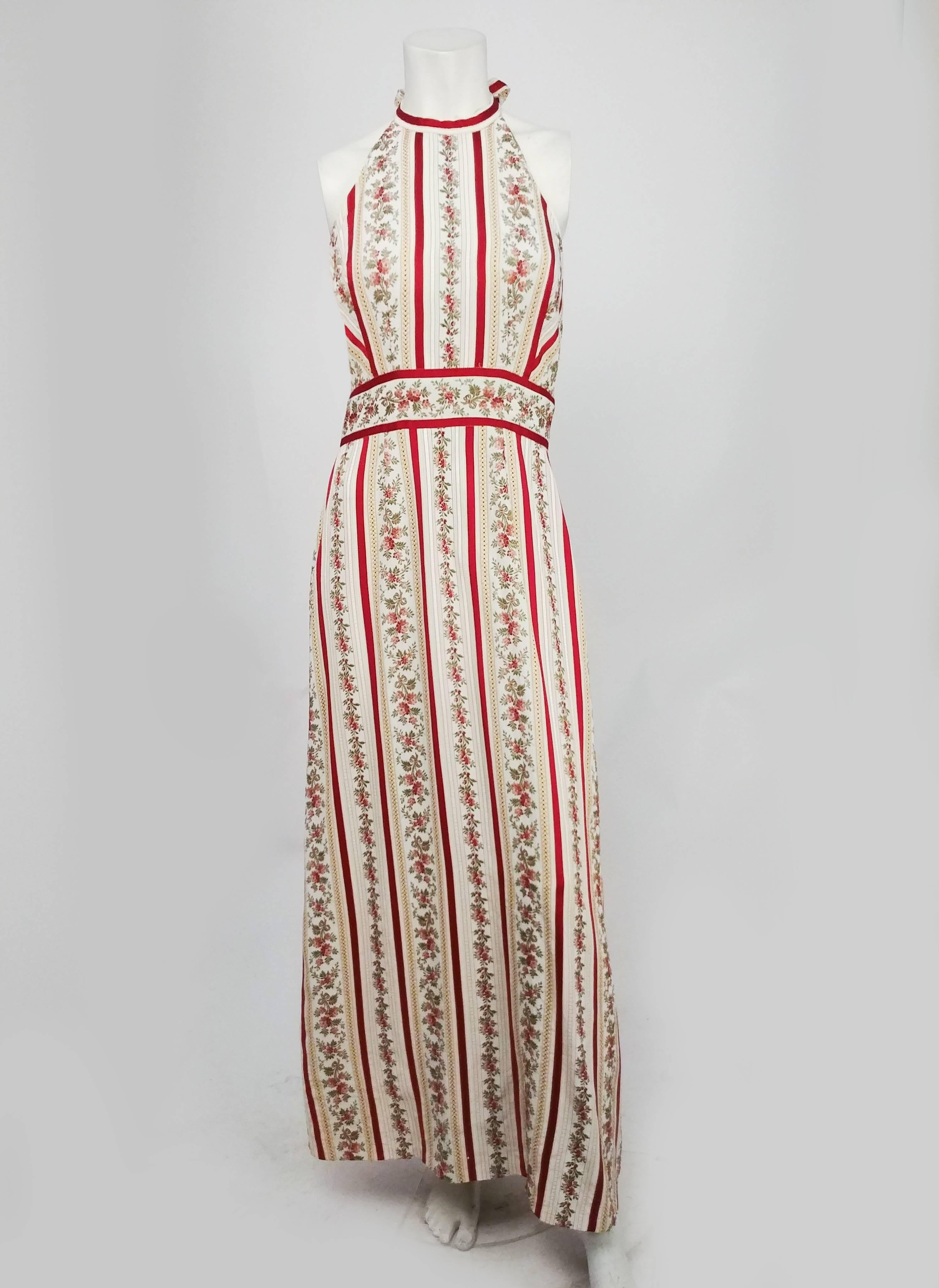 1970s Boho Backless Maxi Halter Dress. Striped floral and ribbon fabric, zips up back. 