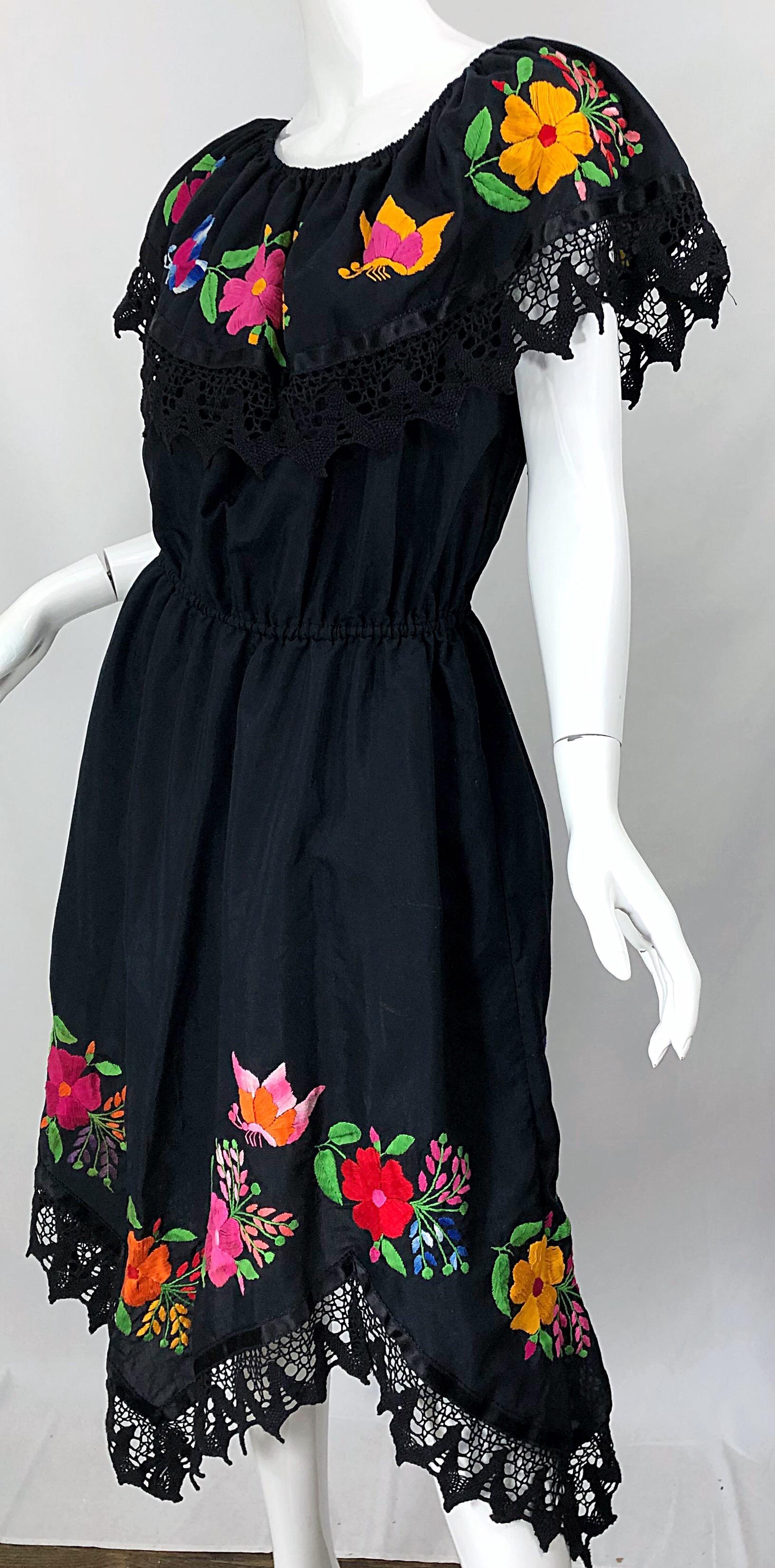 1970s Boho Chic Black Colorful Cotton Embroidered Handkerchief Hem Vintage Dress 3