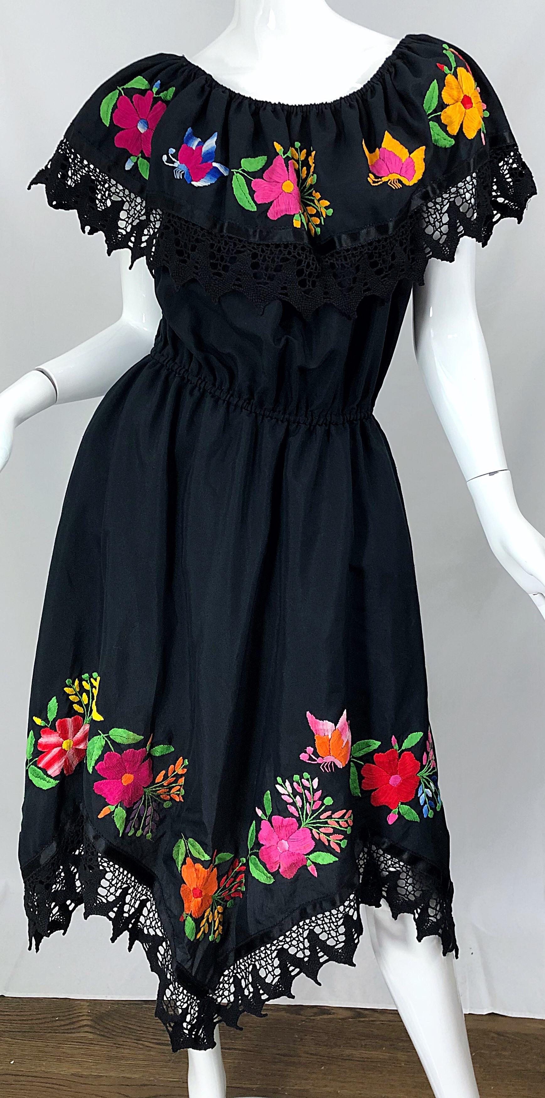1970s Boho Chic Black Colorful Cotton Embroidered Handkerchief Hem Vintage Dress 4