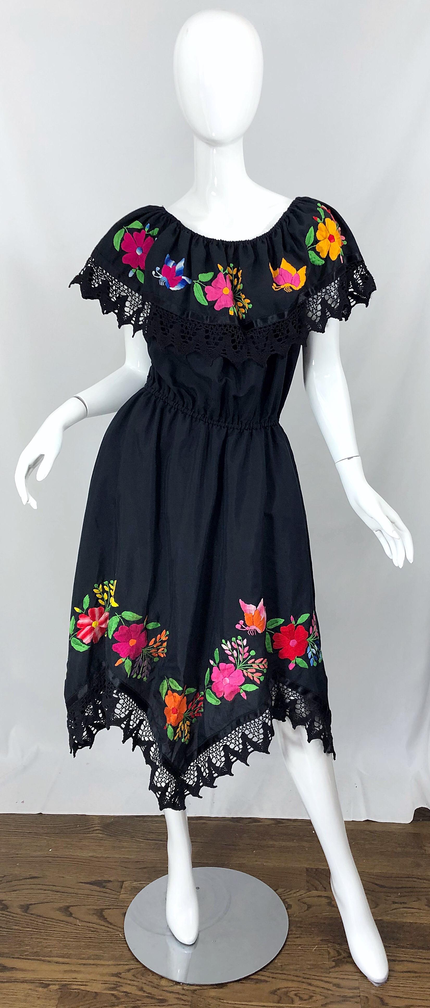 1970s Boho Chic Black Colorful Cotton Embroidered Handkerchief Hem Vintage Dress 5