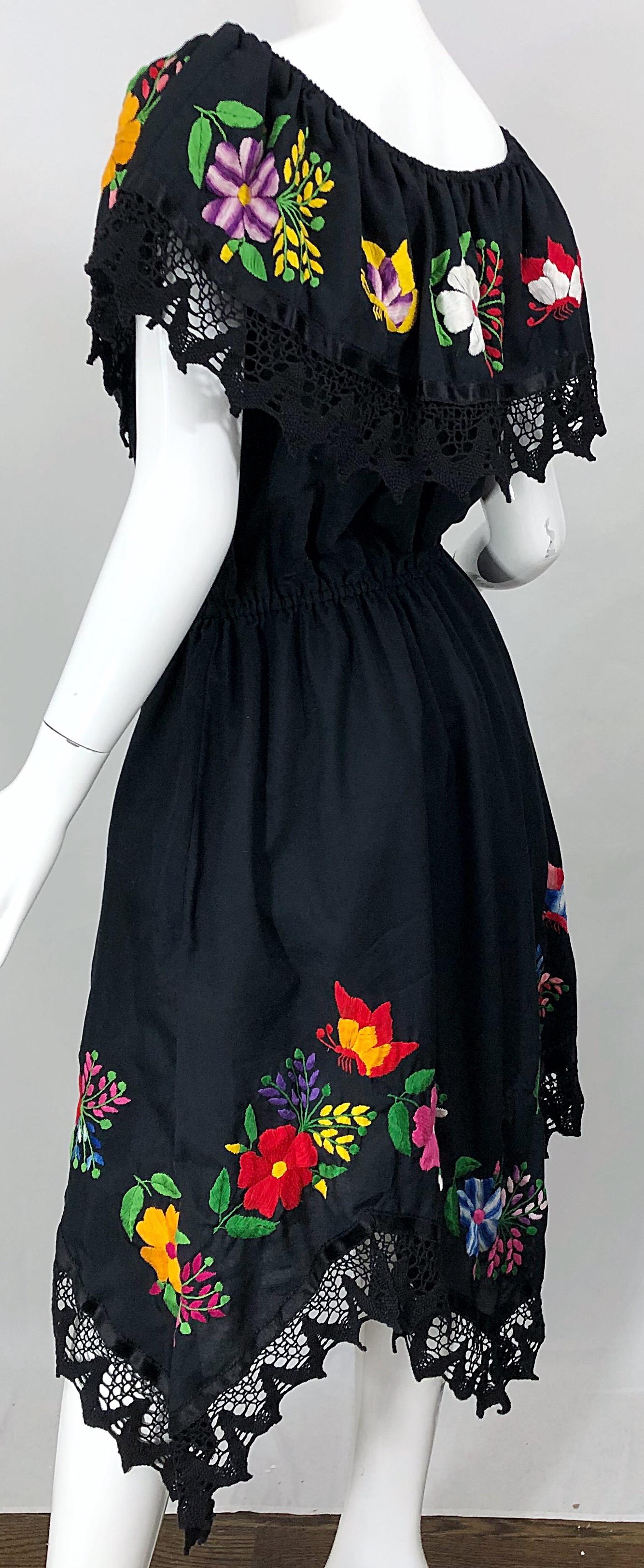 1970s Boho Chic Black Colorful Cotton Embroidered Handkerchief Hem Vintage Dress 6