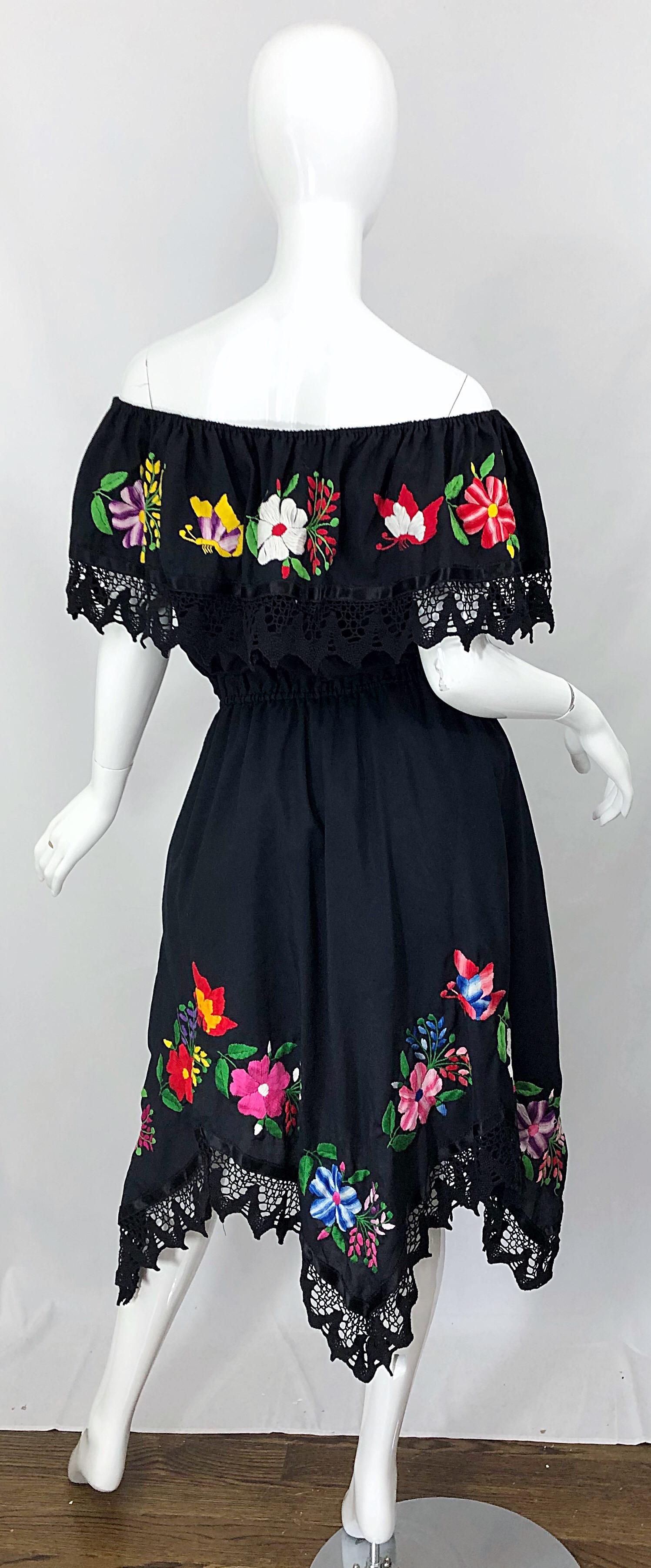 1970s Boho Chic Black Colorful Cotton Embroidered Handkerchief Hem Vintage Dress 7
