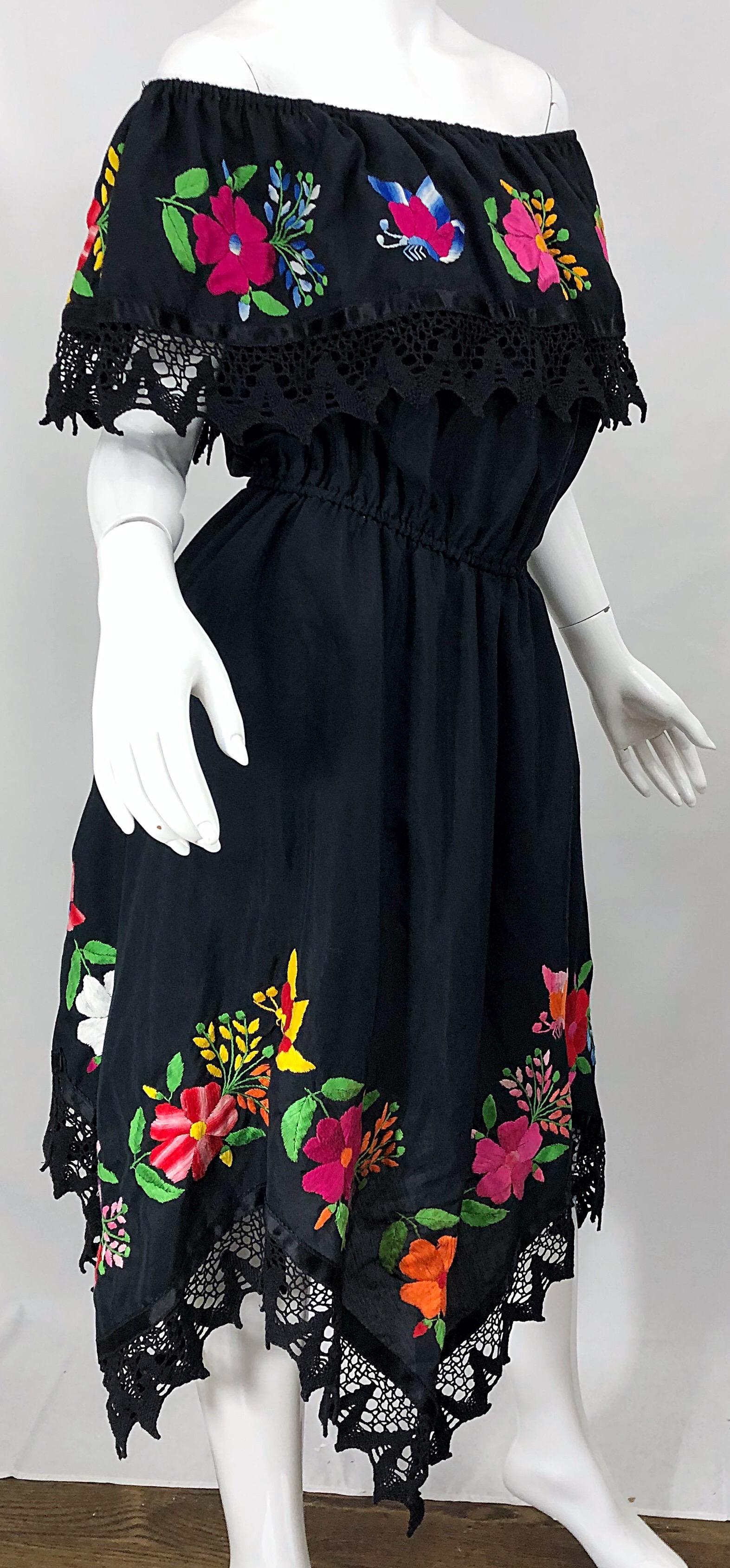 1970s Boho Chic Black Colorful Cotton Embroidered Handkerchief Hem Vintage Dress 8