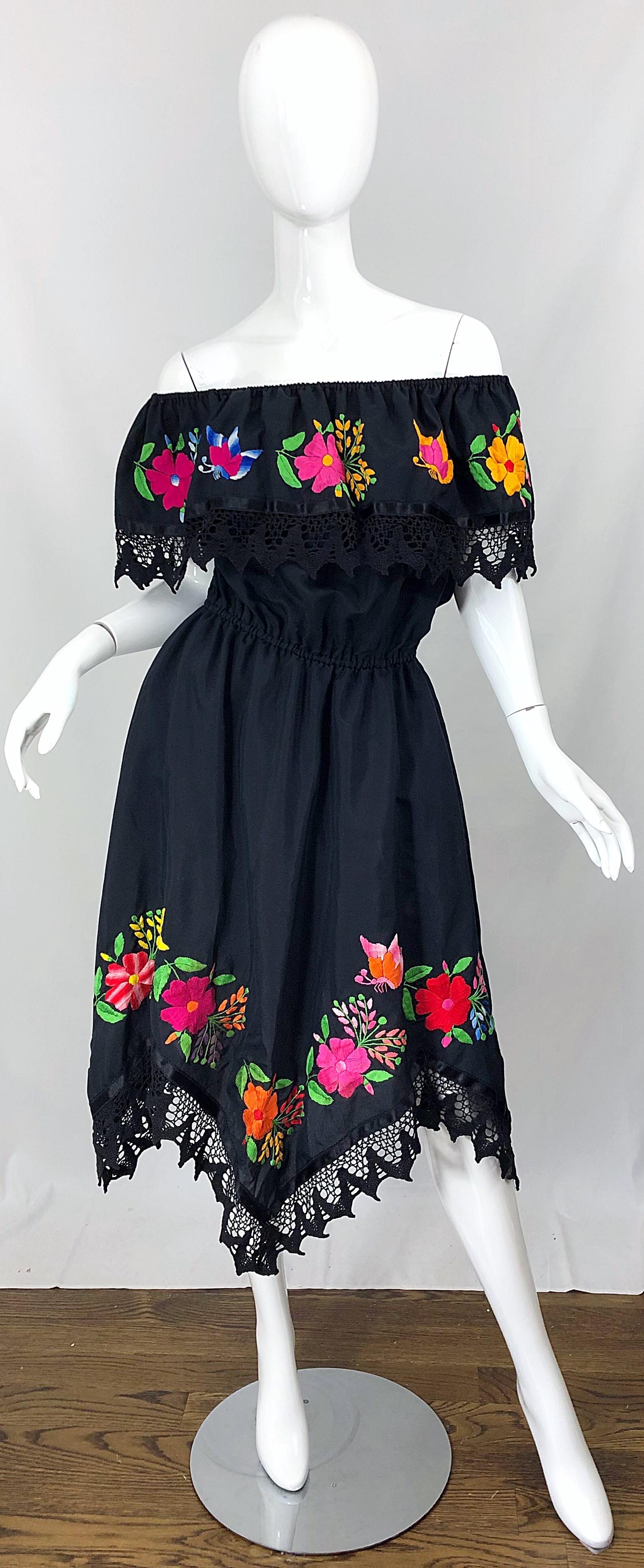 1970s Boho Chic Black Colorful Cotton Embroidered Handkerchief Hem Vintage Dress 9