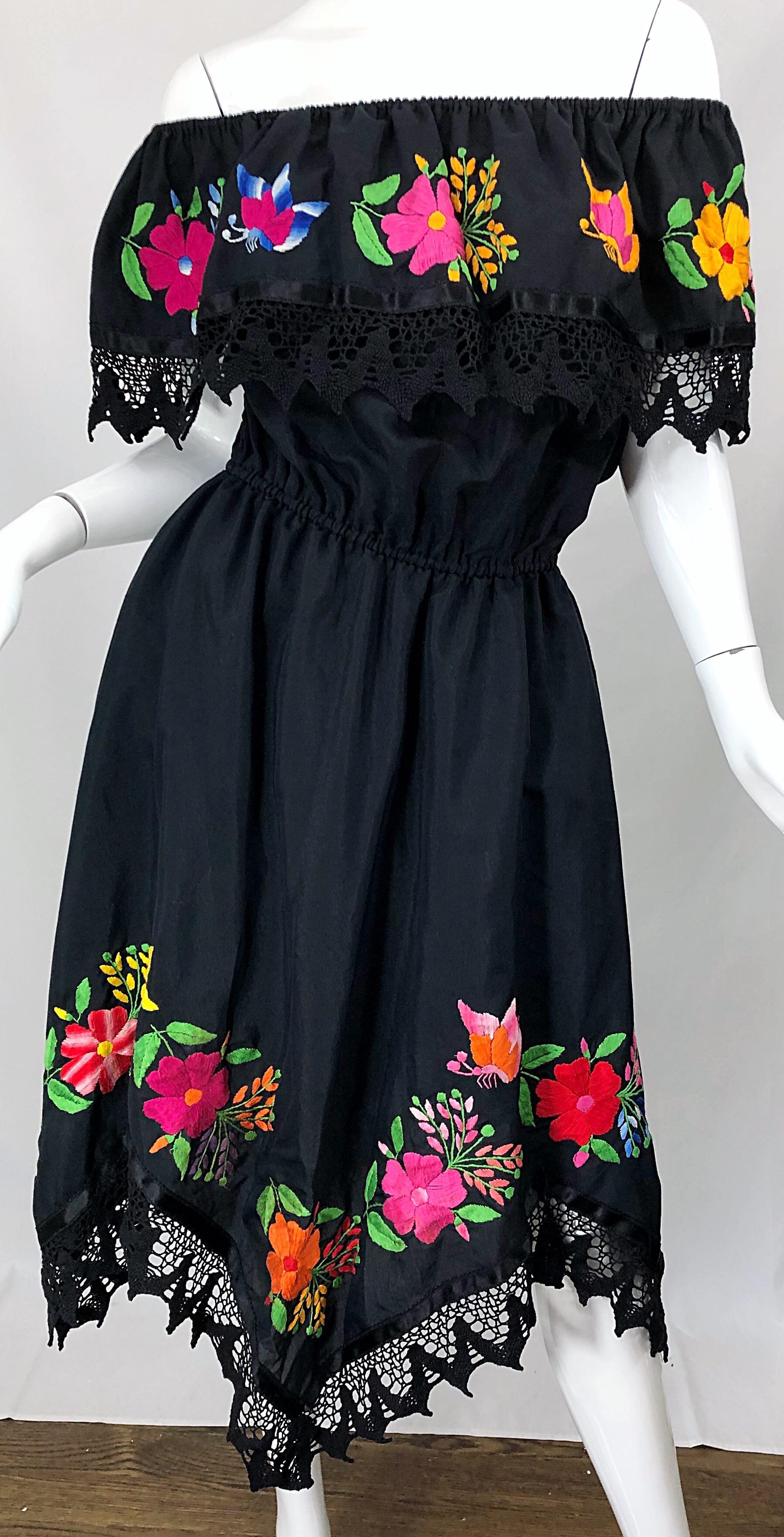 1970s Boho Chic Black Colorful Cotton Embroidered Handkerchief Hem Vintage Dress 10