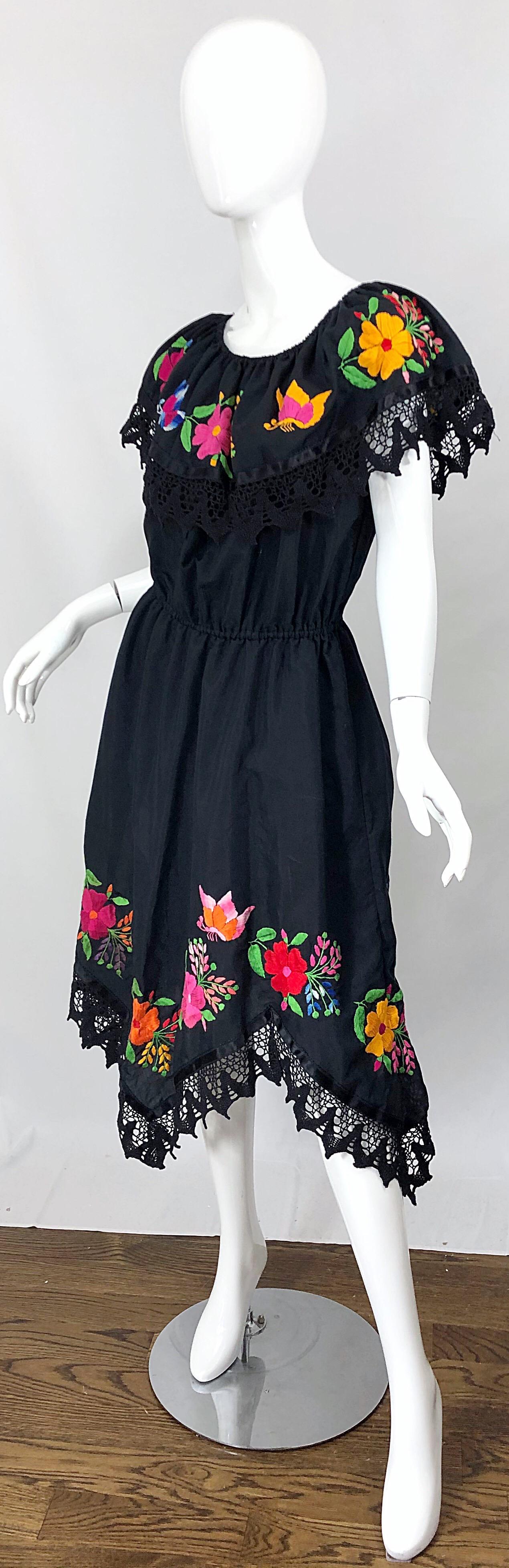 1970s Boho Chic Black Colorful Cotton Embroidered Handkerchief Hem Vintage Dress 1