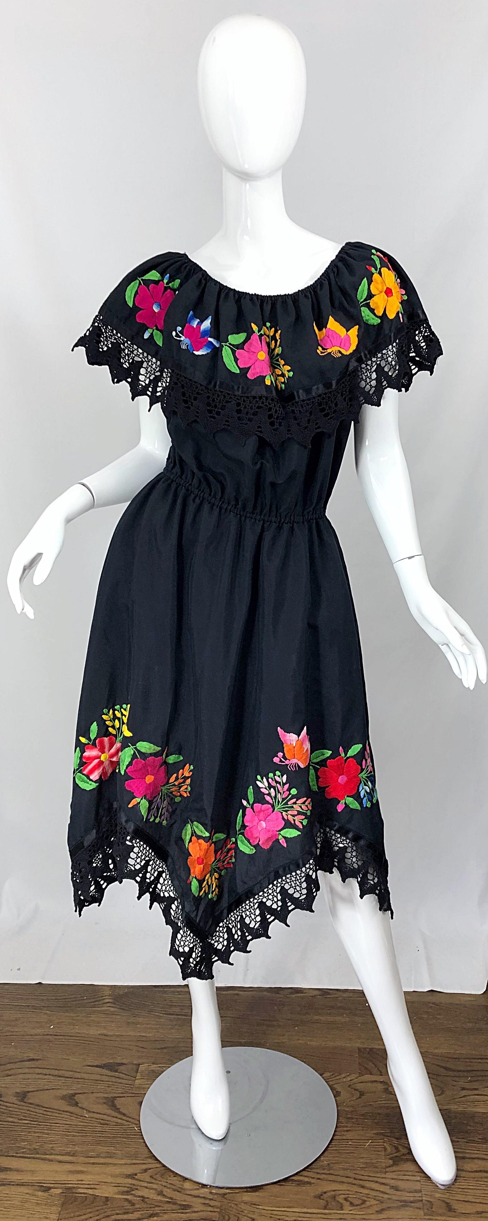 1970s Boho Chic Black Colorful Cotton Embroidered Handkerchief Hem Vintage Dress 2