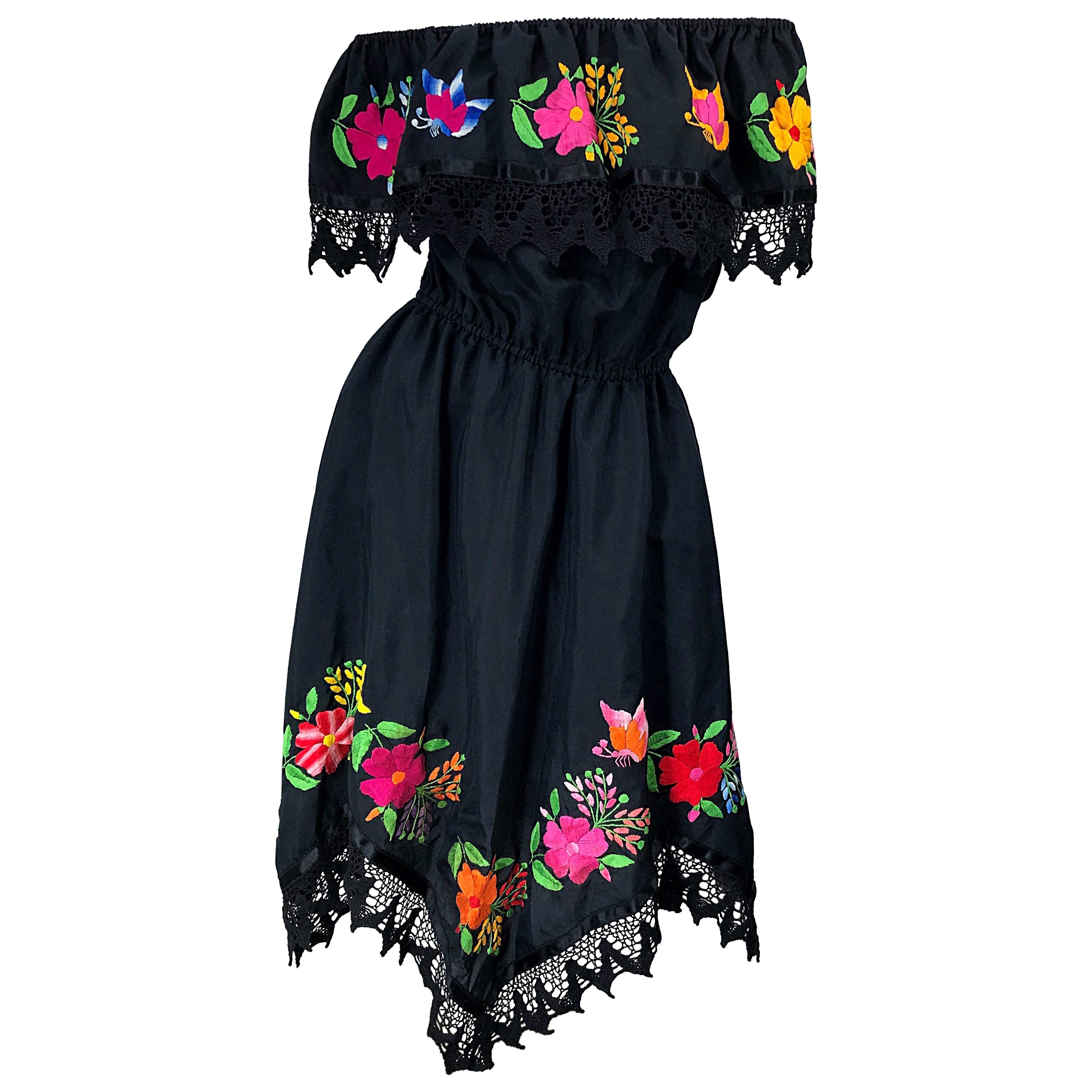1970s Boho Chic Black Colorful Cotton Embroidered Handkerchief Hem Vintage Dress