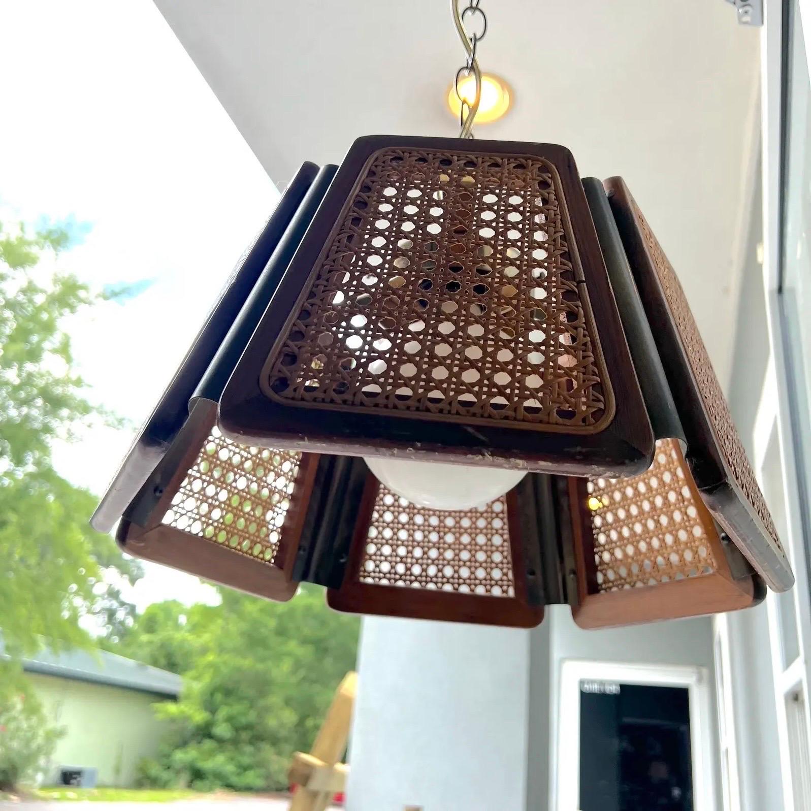 American 1970’s Boho Chic Cane and Wood Pendant Light For Sale