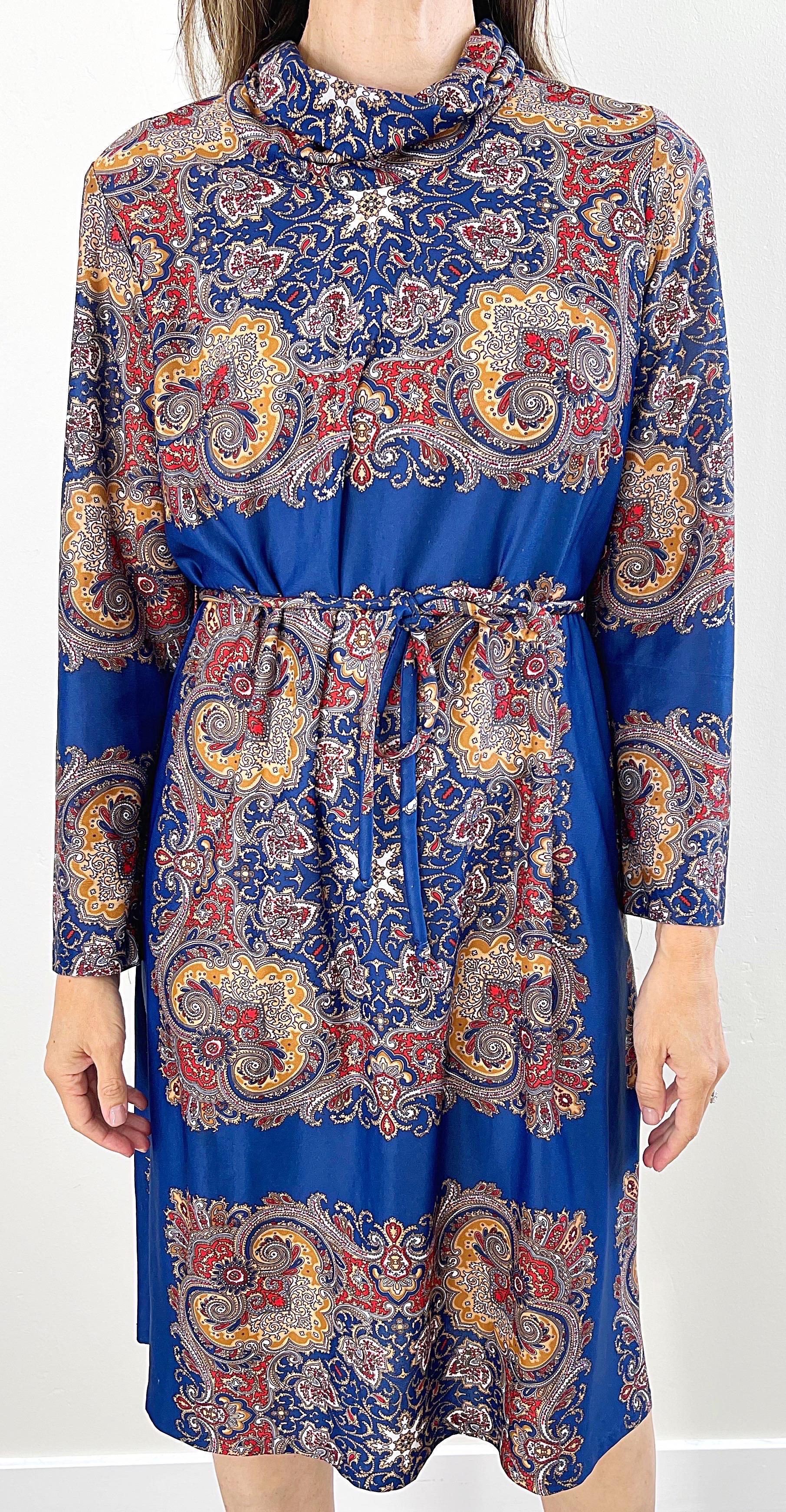 1970s Boho Chic Paisley Print Manga Larga Cuello Burlón Vintage 70s Vestido de Punto en venta 7