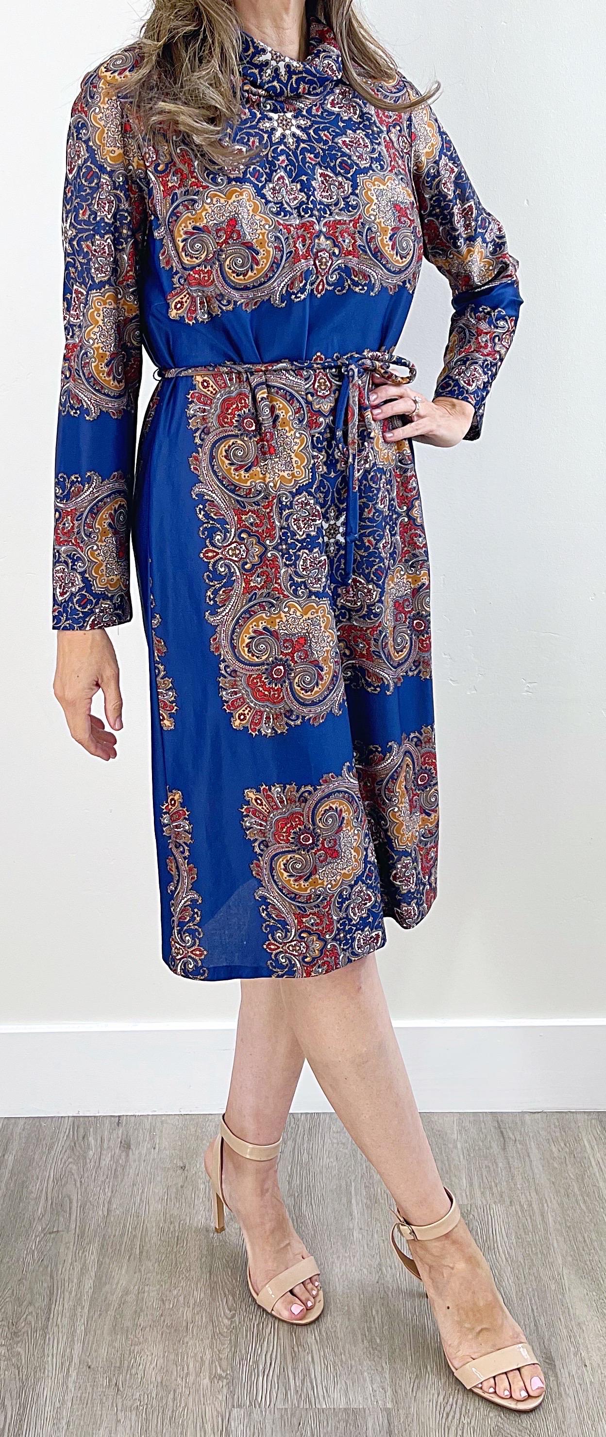 1970s Boho Chic Paisley Print Manga Larga Cuello Burlón Vintage 70s Vestido de Punto en venta 8