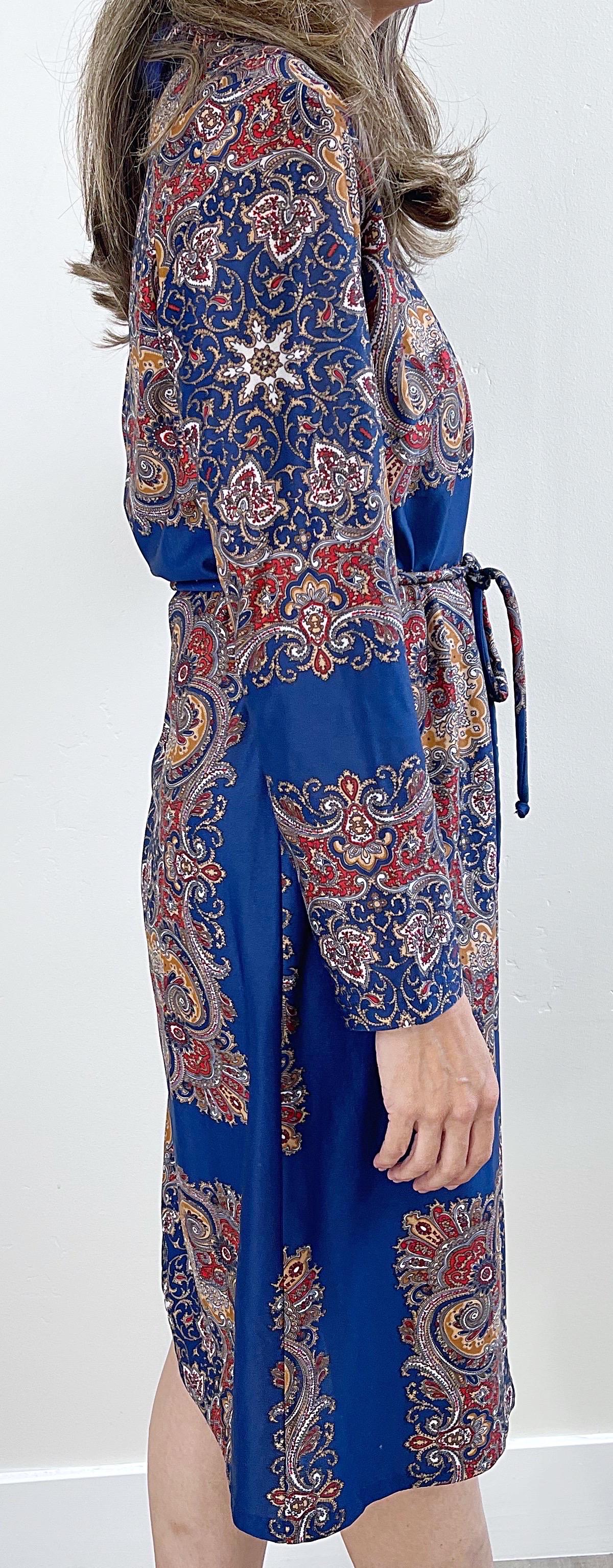 1970s Boho Chic Paisley Print Long Sleeve Mock Neck Vintage 70s Knit Dress For Sale 9