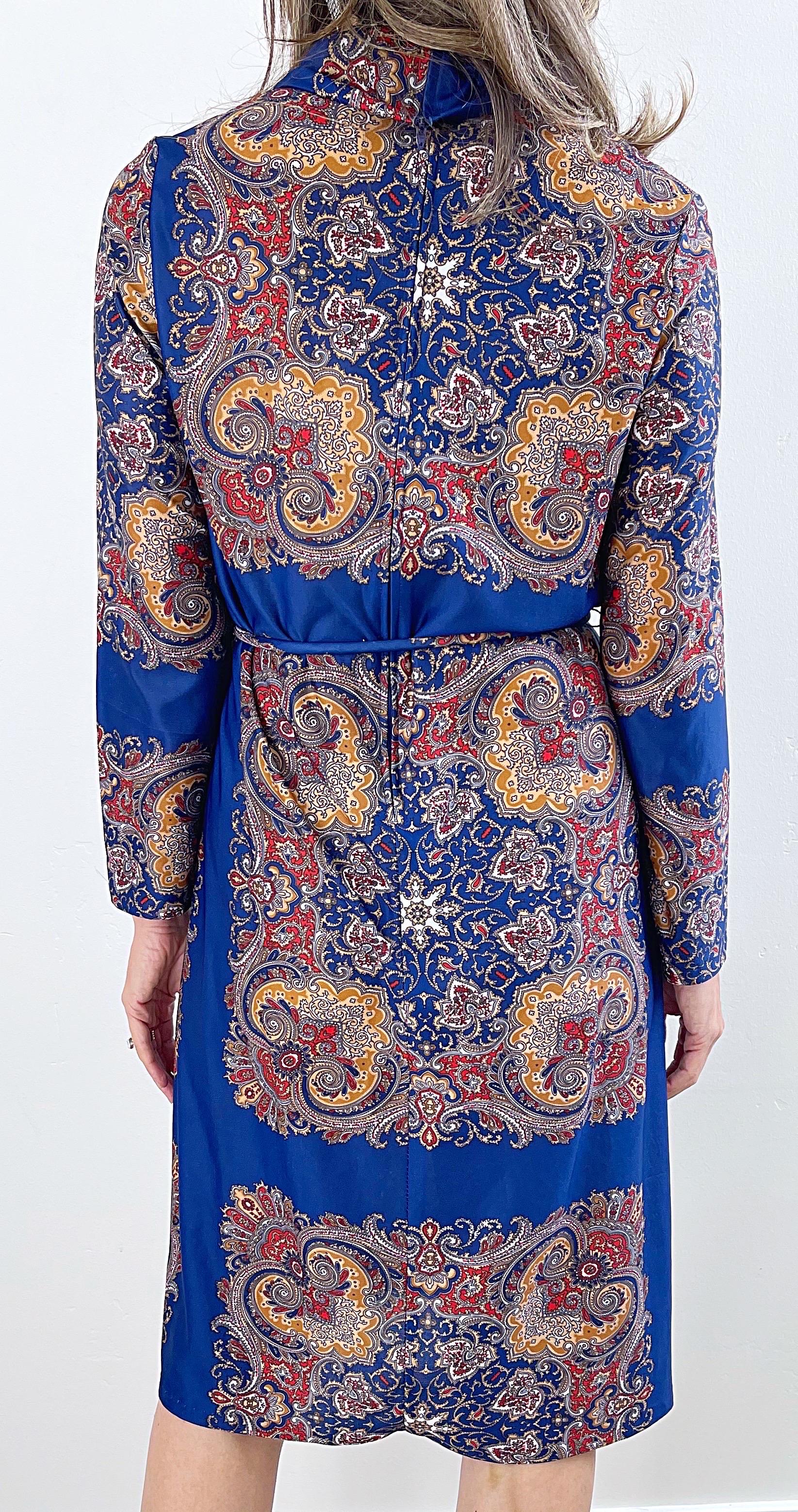 1970s Boho Chic Paisley Print Long Sleeve Mock Neck Vintage 70s Knit Dress For Sale 10