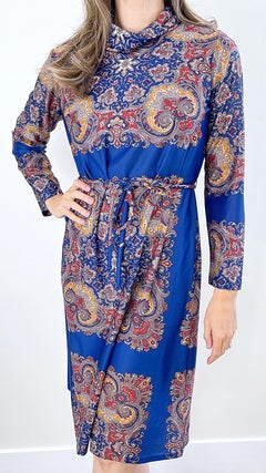 1970s Boho Chic Paisley Print Long Sleeve Mock Neck Vintage 70s Knit Dress