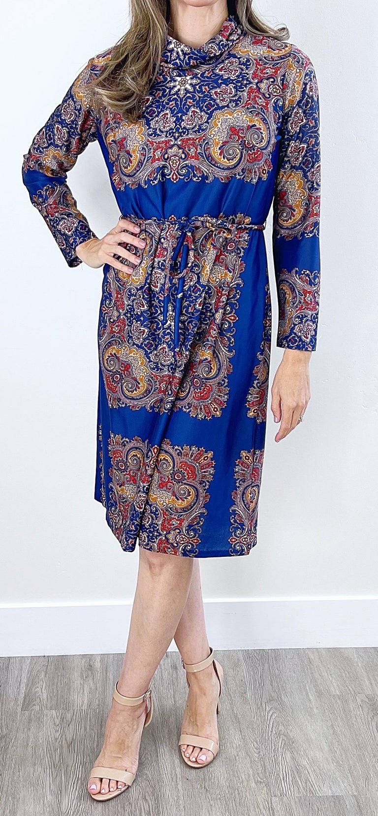 1970s Boho Chic Paisley Print Long Sleeve Mock Neck Vintage 70s Knit ...