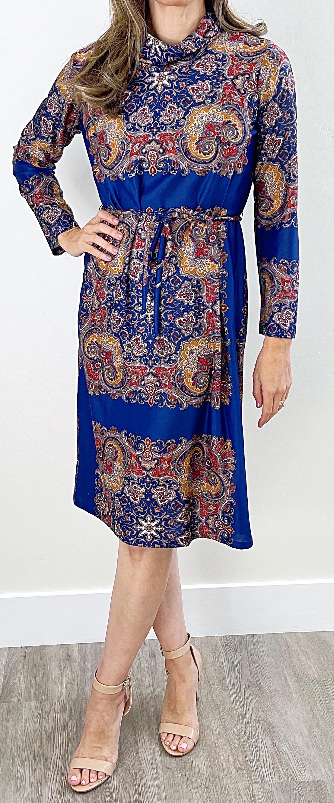 1970s Boho Chic Paisley Print Manga Larga Cuello Burlón Vintage 70s Vestido de Punto en venta 3
