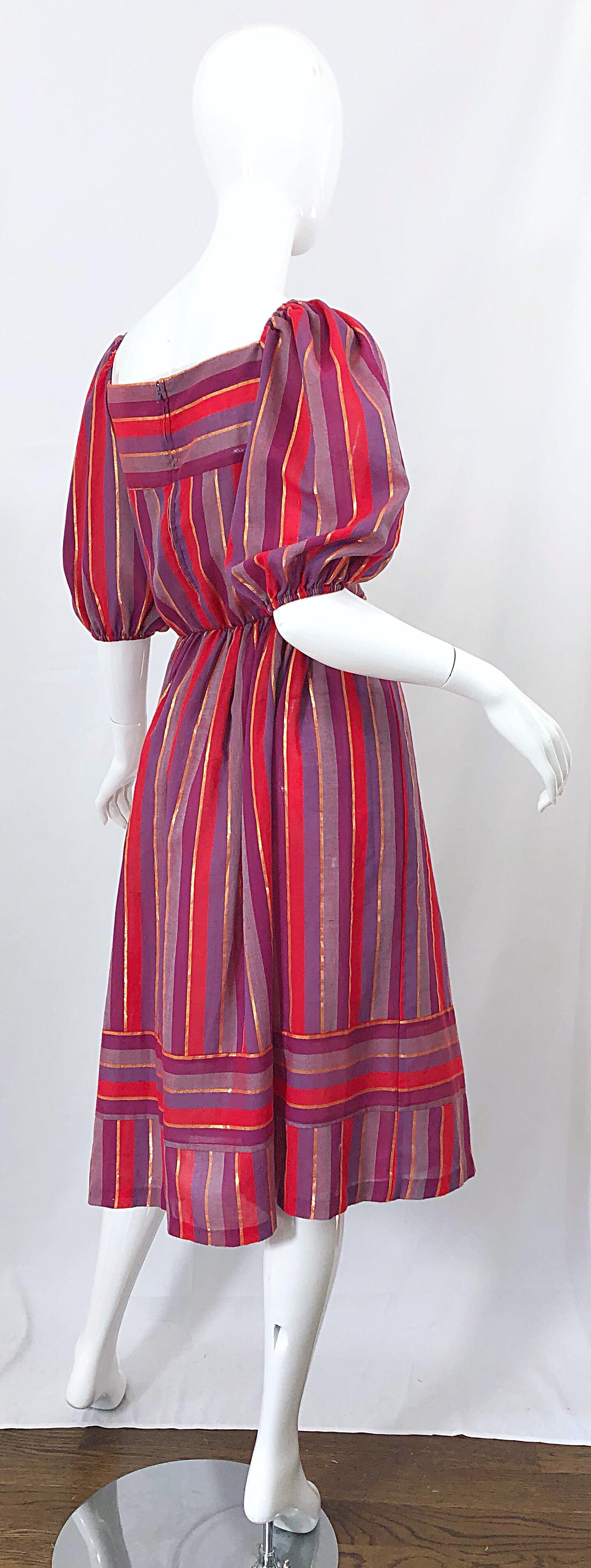1970s Boho Chic Red + Purple + Gold Striped Cotton Voile 70s Vintage Dress For Sale 2