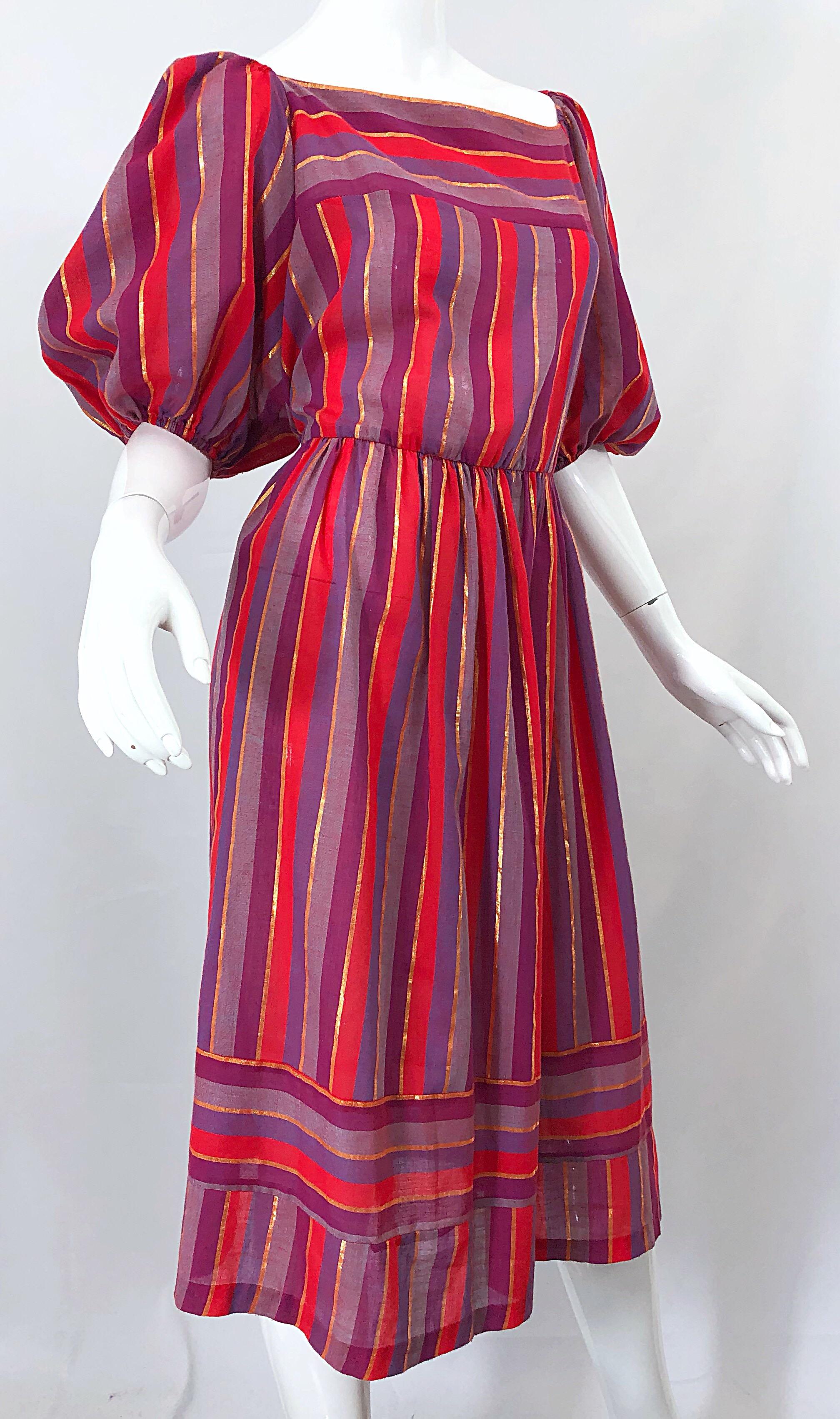 1970s Boho Chic Red + Purple + Gold Striped Cotton Voile 70s Vintage Dress For Sale 3