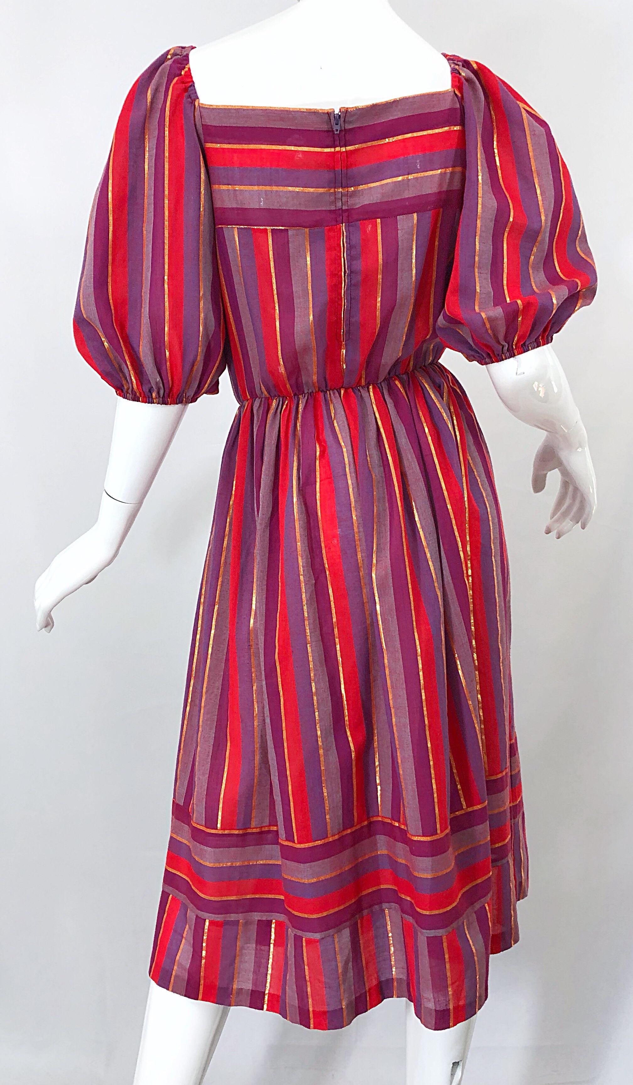 1970s Boho Chic Red + Purple + Gold Striped Cotton Voile 70s Vintage Dress For Sale 4