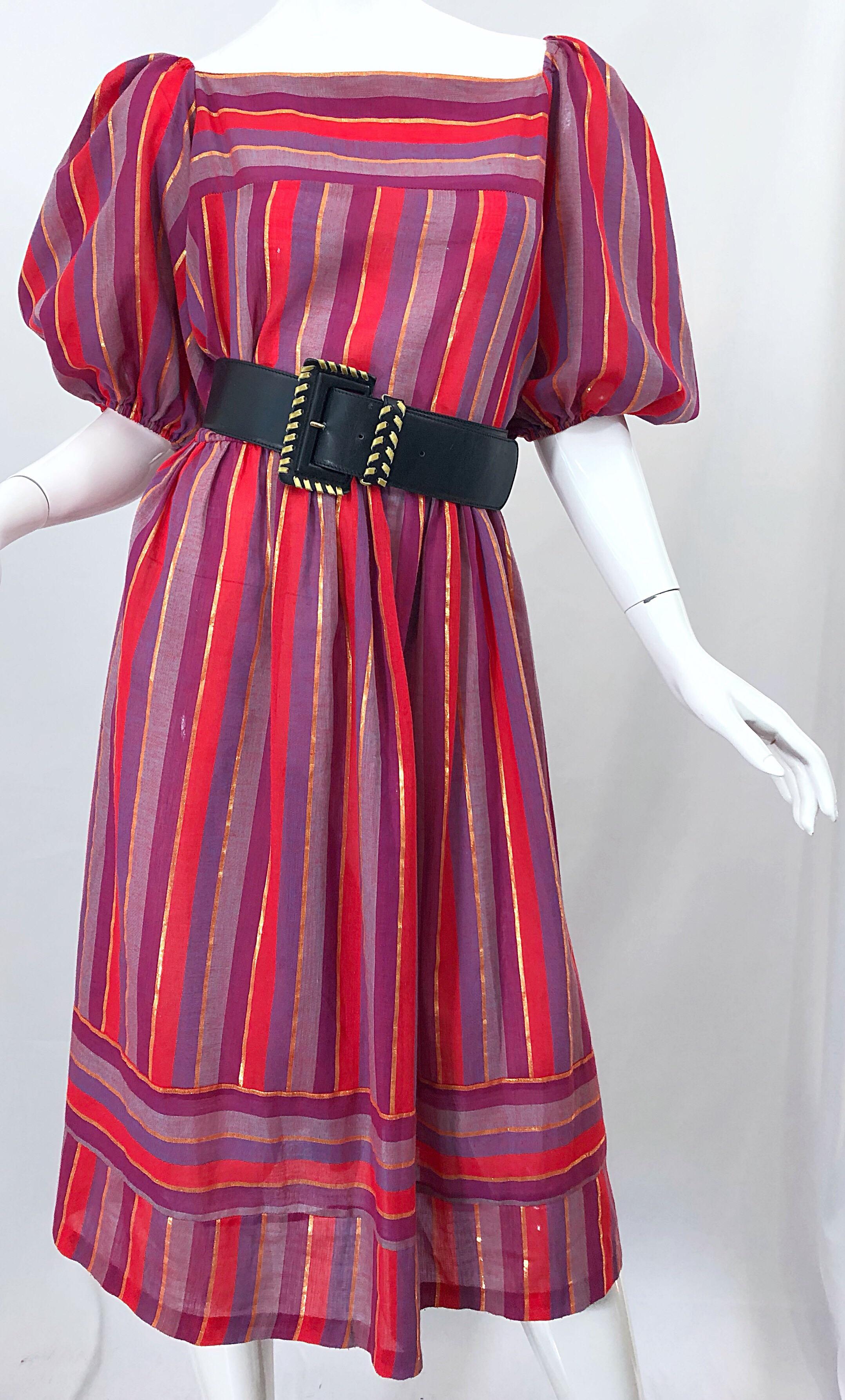 1970s Boho Chic Red + Purple + Gold Striped Cotton Voile 70s Vintage Dress For Sale 5