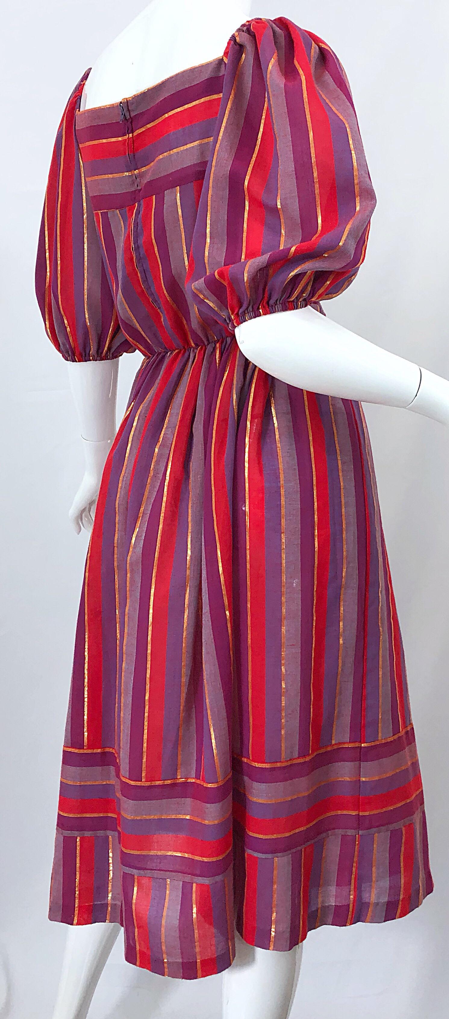 1970s Boho Chic Red + Purple + Gold Striped Cotton Voile 70s Vintage Dress For Sale 6