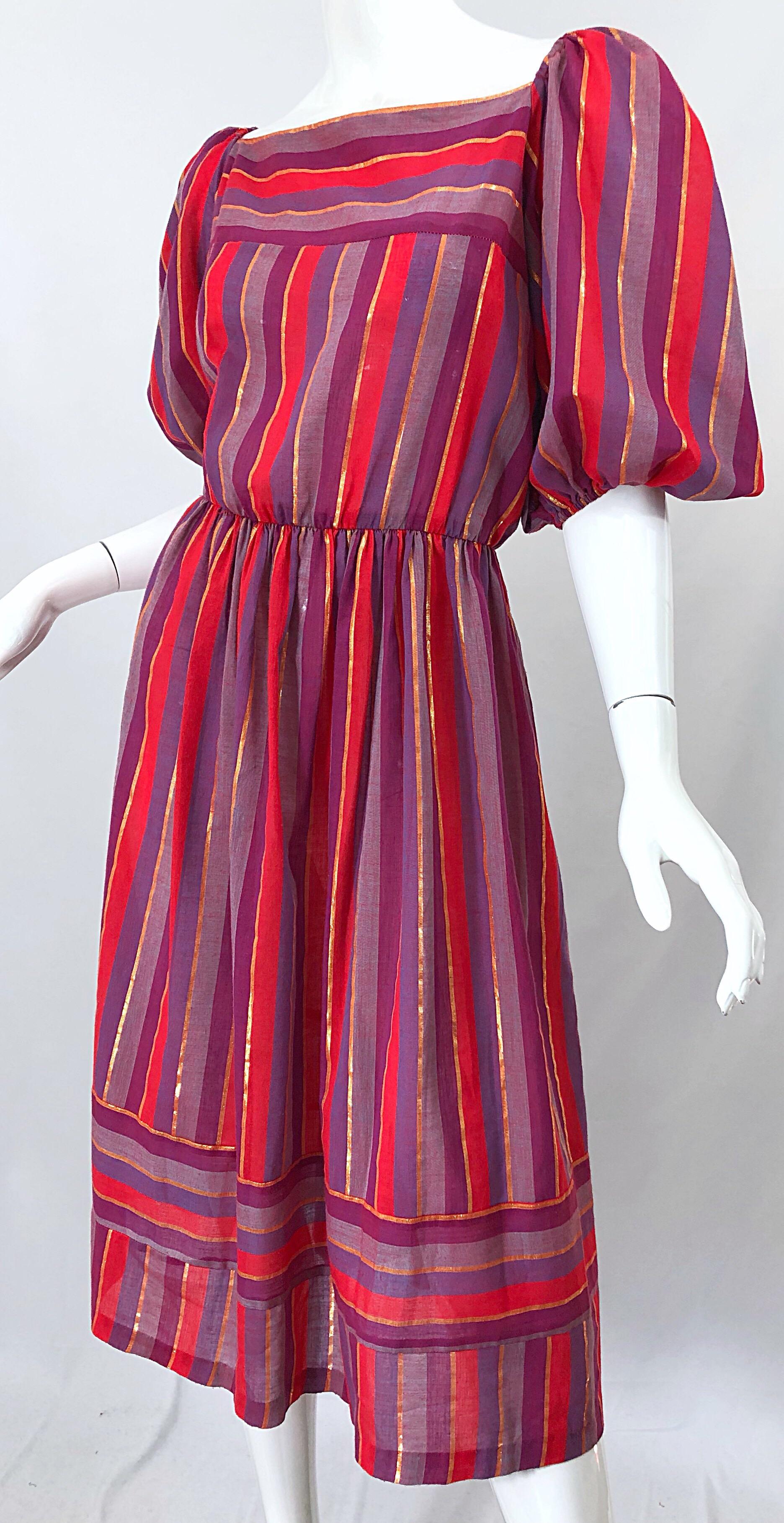 1970s Boho Chic Red + Purple + Gold Striped Cotton Voile 70s Vintage Dress For Sale 7