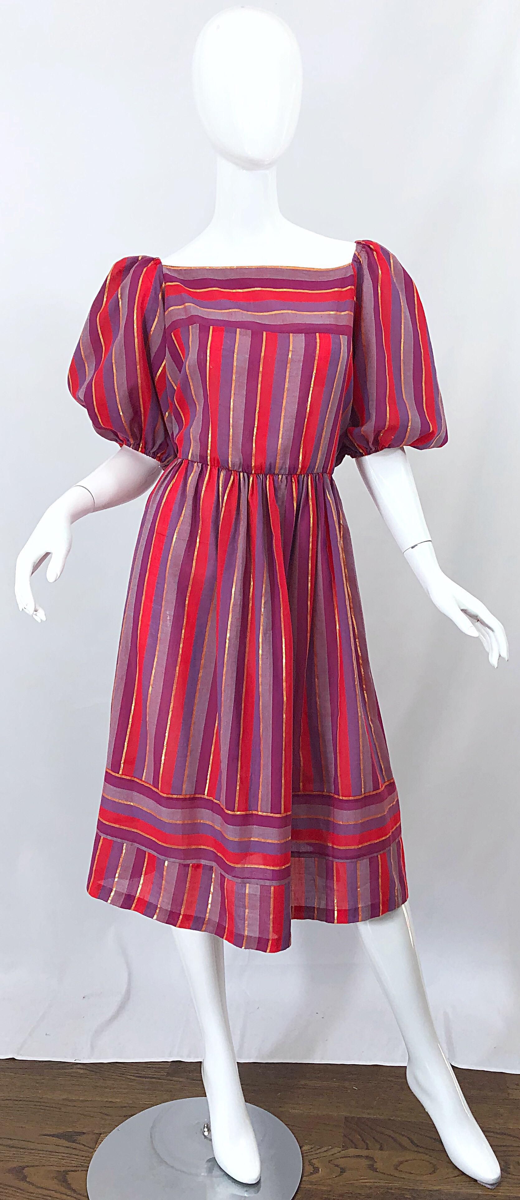 1970s Boho Chic Red + Purple + Gold Striped Cotton Voile 70s Vintage Dress For Sale 8