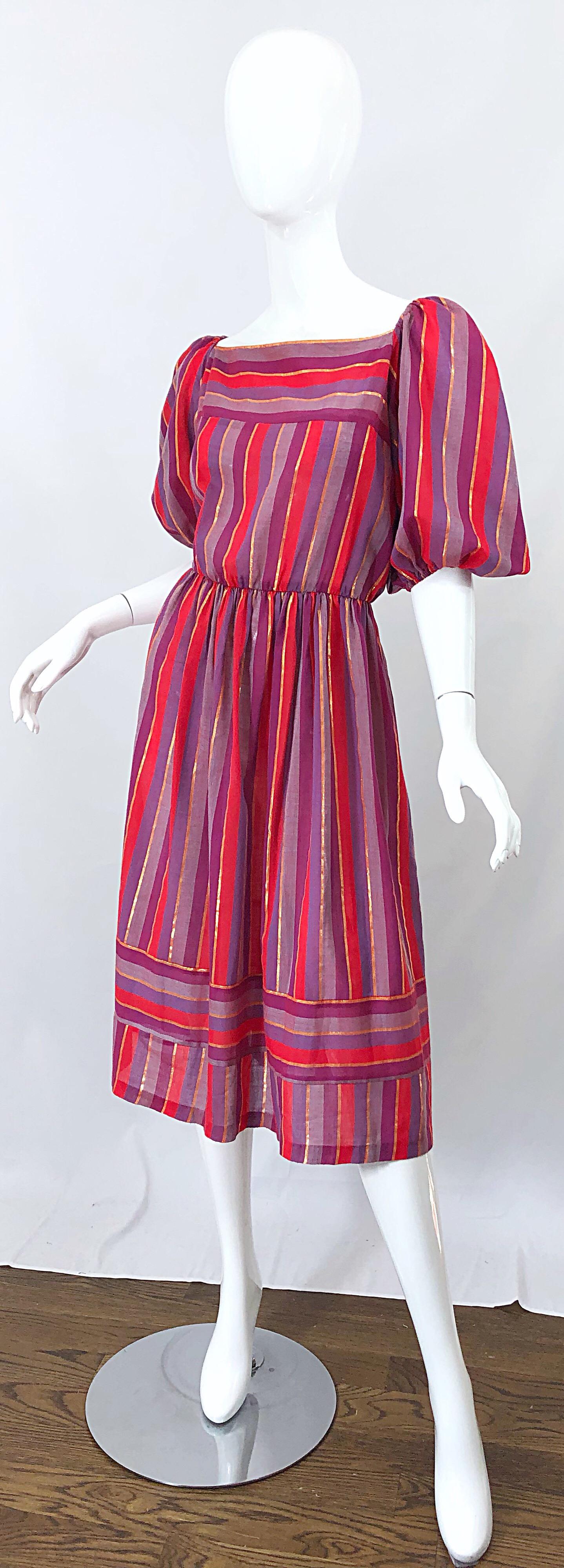 Brown 1970s Boho Chic Red + Purple + Gold Striped Cotton Voile 70s Vintage Dress For Sale