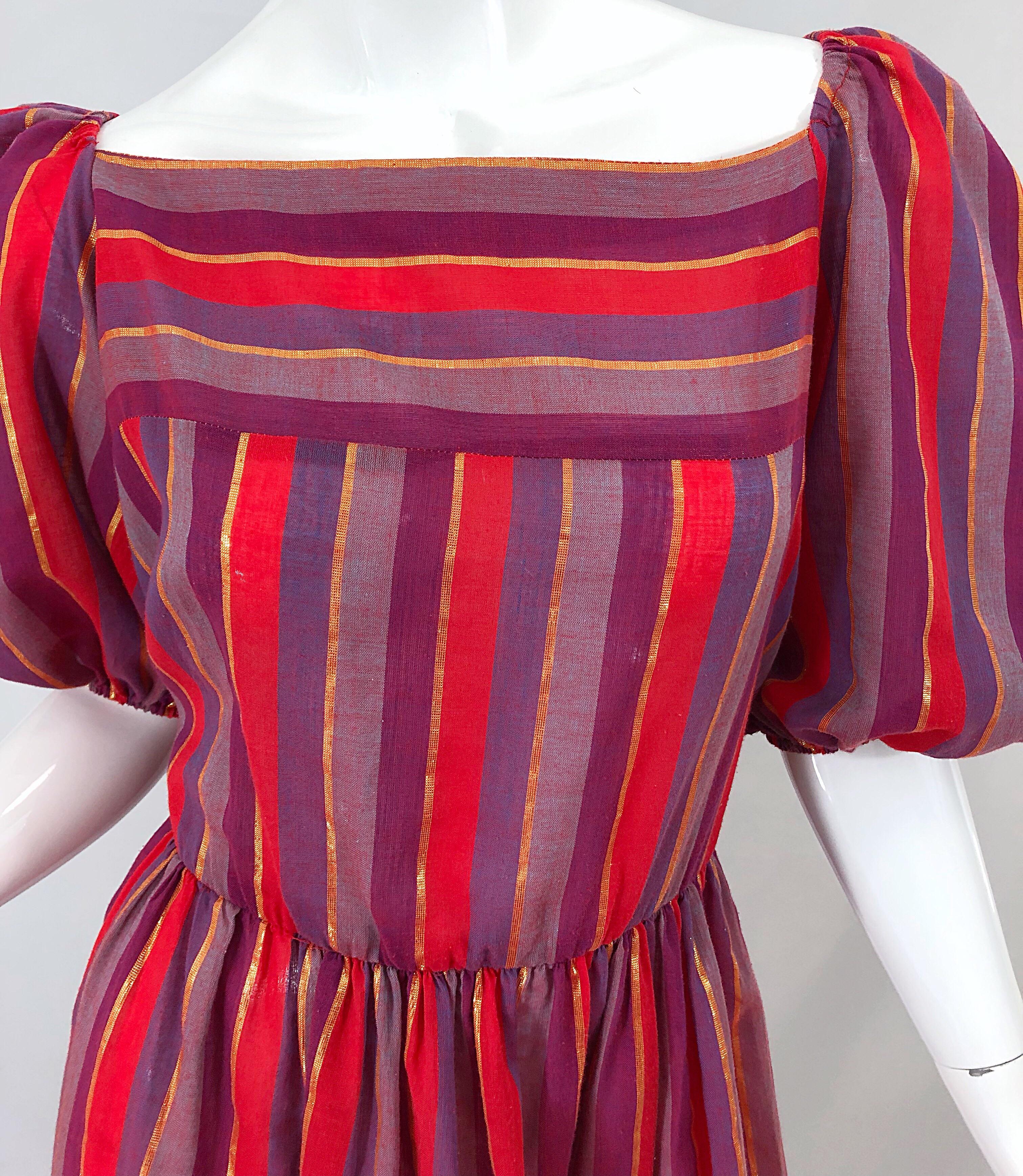 1970s Boho Chic Red + Purple + Gold Striped Cotton Voile 70s Vintage Dress In Excellent Condition For Sale In San Diego, CA