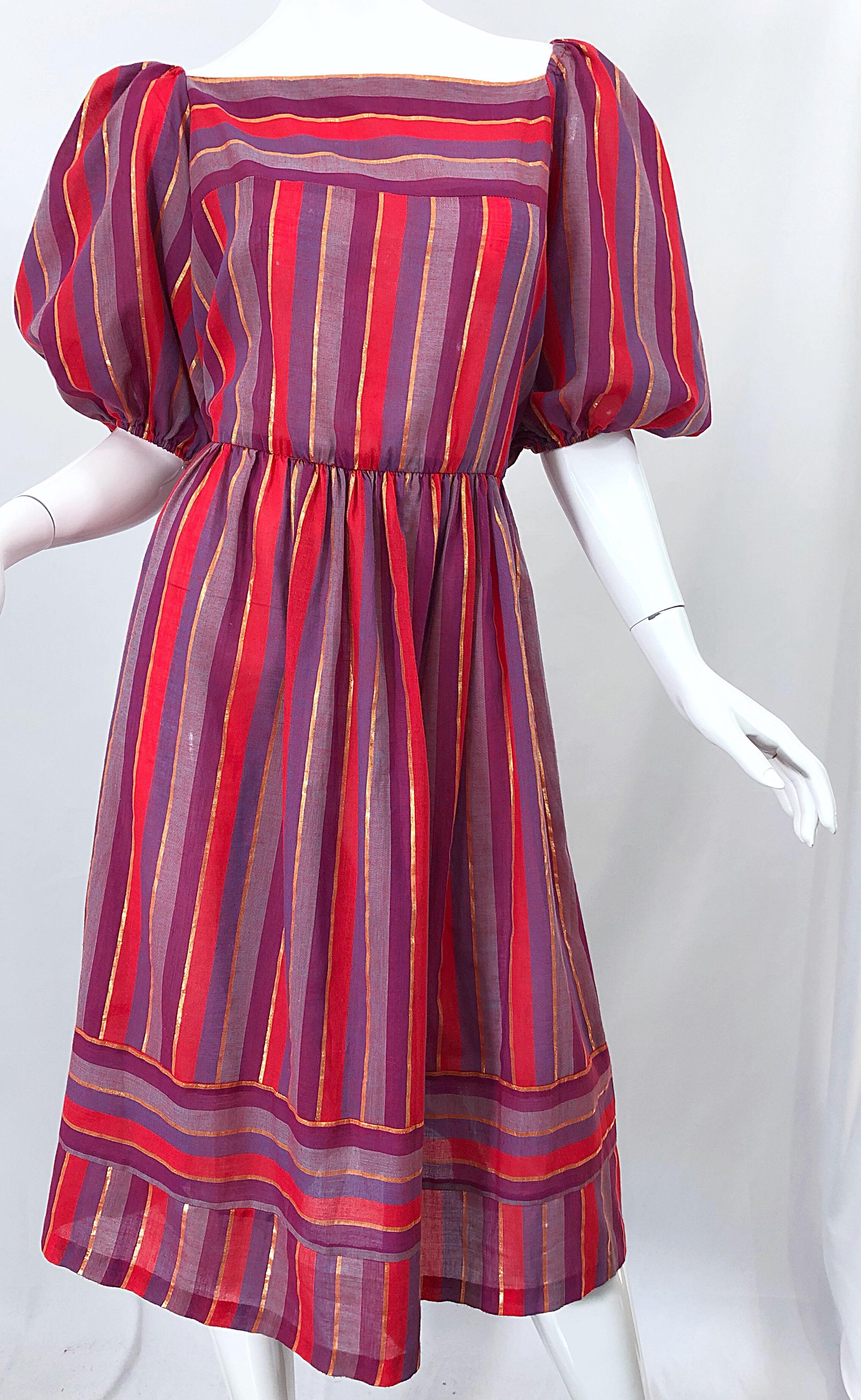 Women's 1970s Boho Chic Red + Purple + Gold Striped Cotton Voile 70s Vintage Dress For Sale