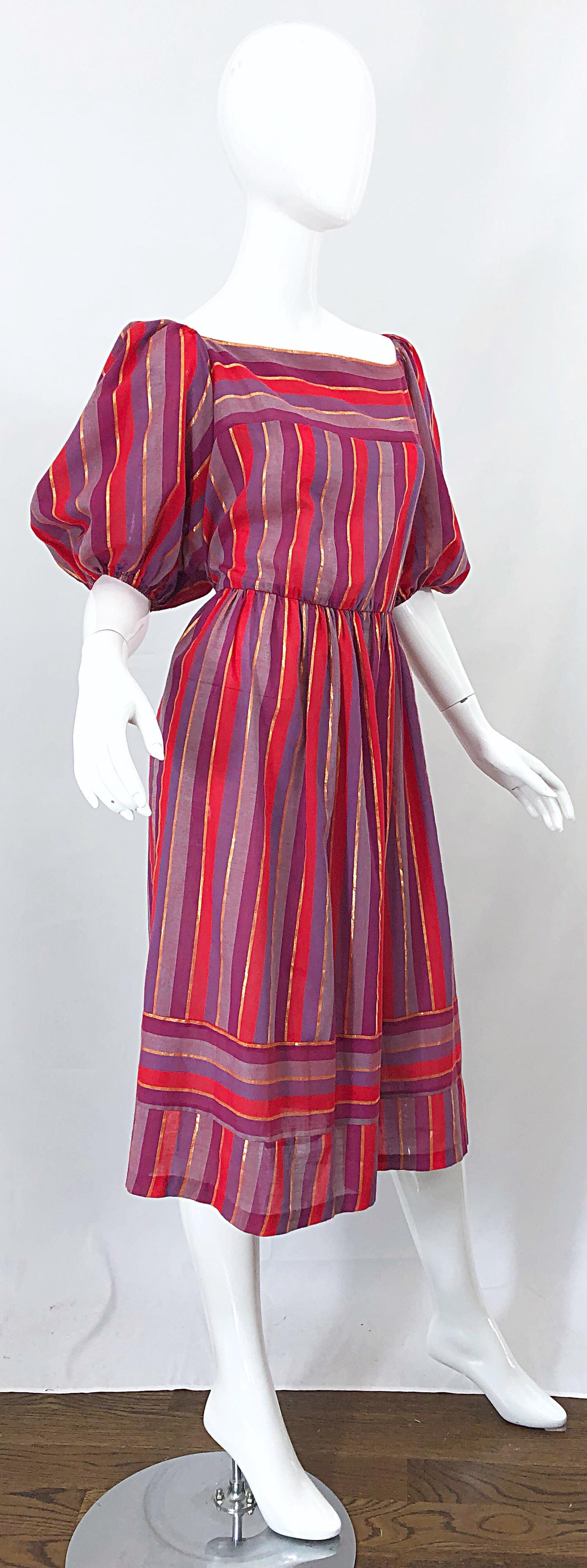 1970s Boho Chic Red + Purple + Gold Striped Cotton Voile 70s Vintage Dress For Sale 1