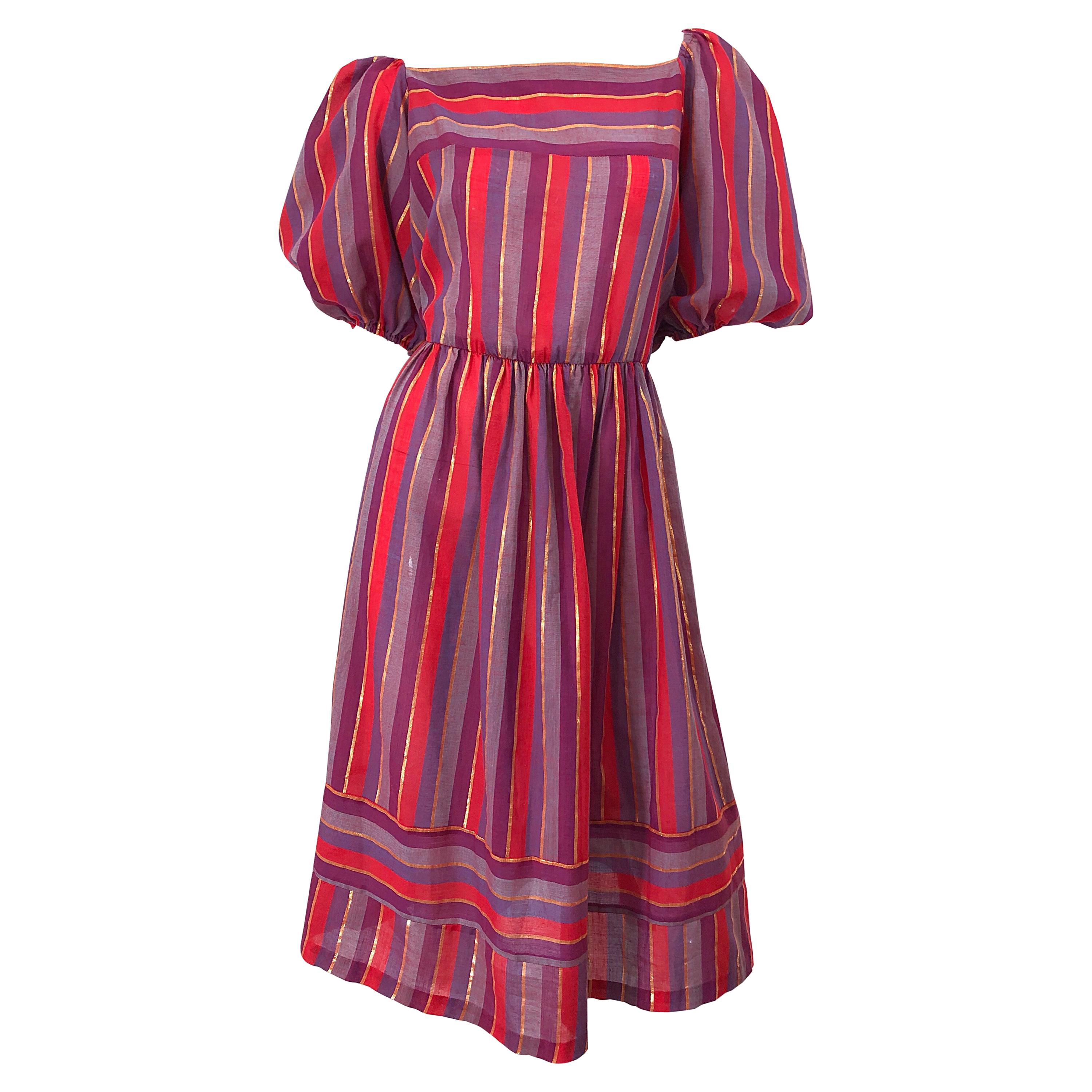 1970s Boho Chic Red + Purple + Gold Striped Cotton Voile 70s Vintage Dress  For Sale at 1stDibs