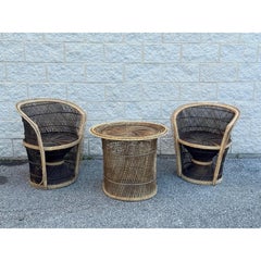 1970s Boho Coastal Wicker Rattan Barrel Chairs With Matching Drum Table