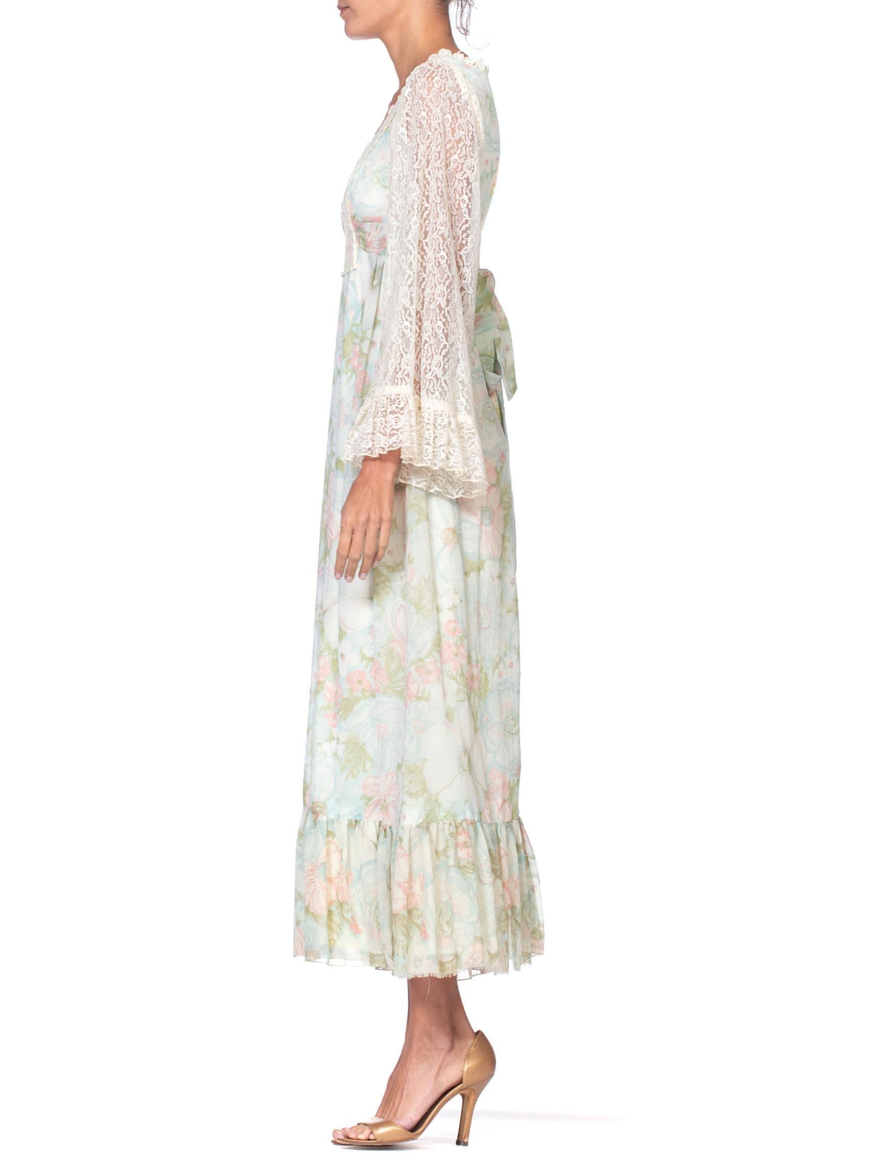 Beige 1970S Boho Floral Printed Cotton Tulle Dress Lined In Silk For Sale