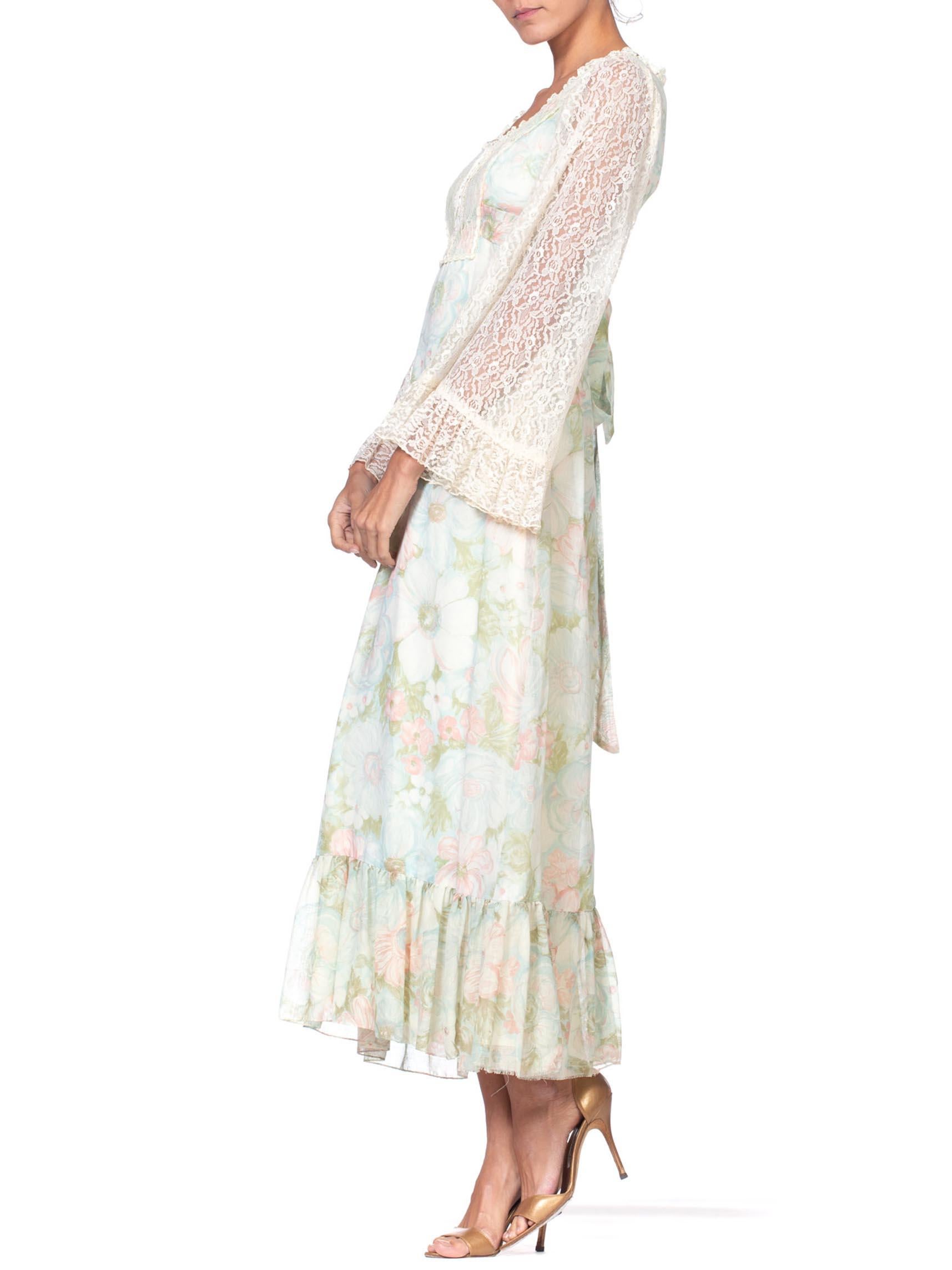 Women's 1970S Boho Floral Printed Cotton Tulle Dress Lined In Silk For Sale