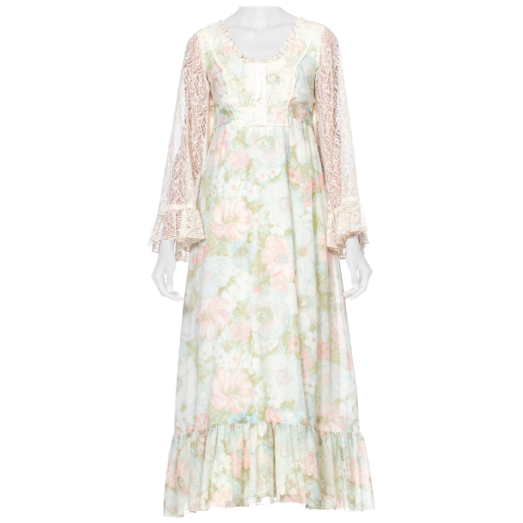 1970S Boho Floral Printed Cotton Tulle Dress Lined In Silk For Sale