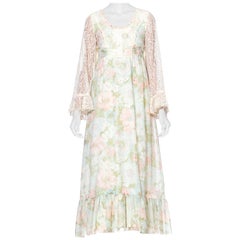 Robe en tulle de coton imprimé à fleurs bohèmes des années 1970, doublée de soie