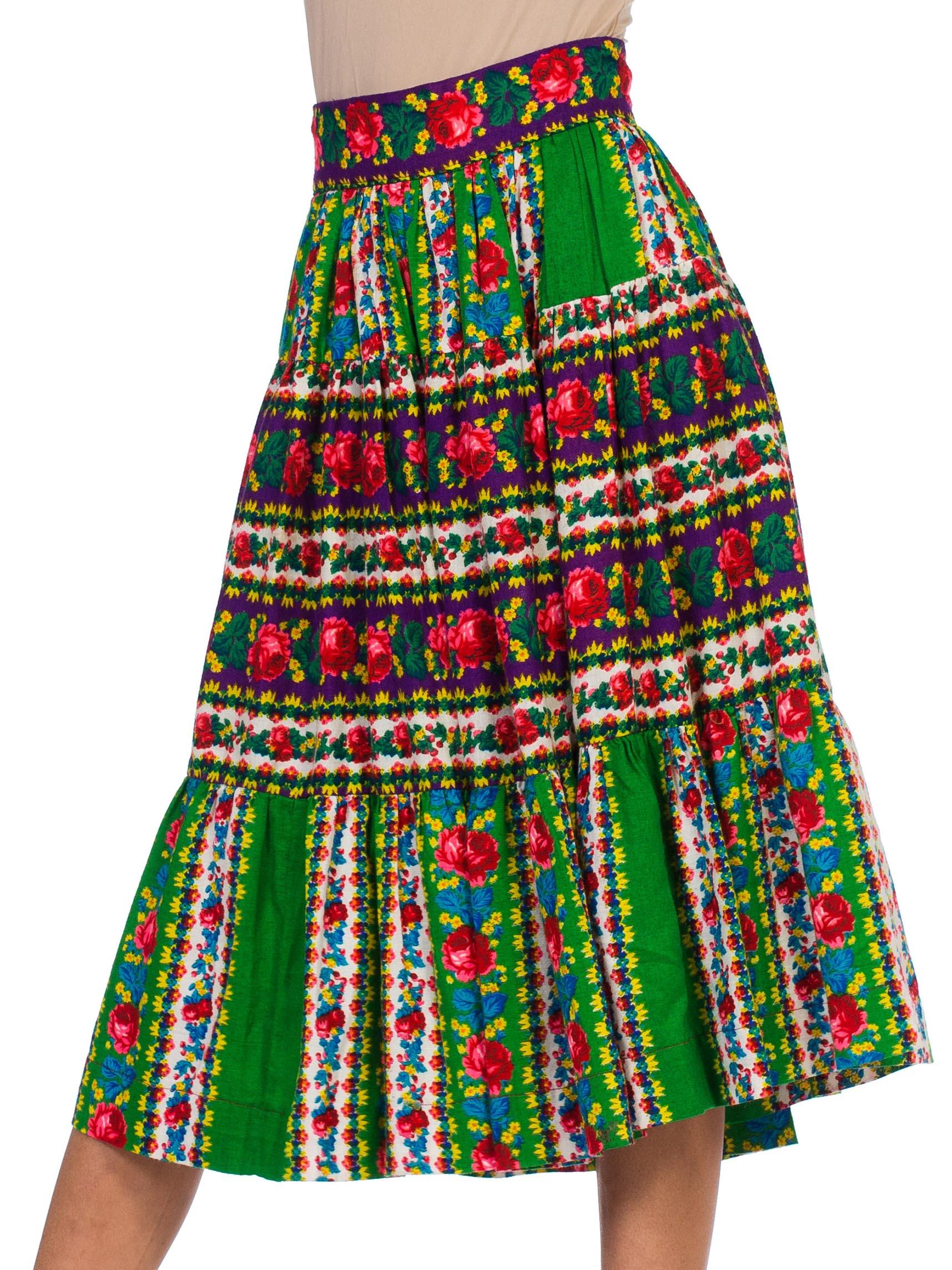 Black 1970S Bright Multicolor Cotton  Boho Floral Rose Skirt For Sale